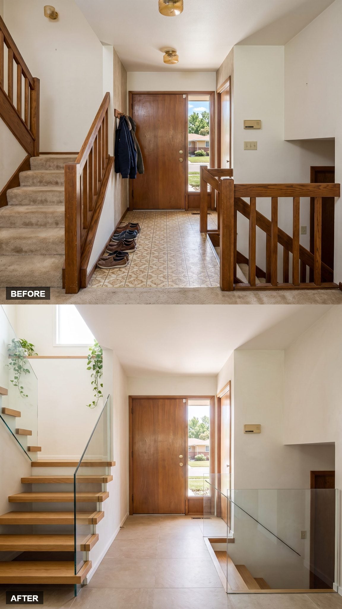 Glass balustrades and floating oak treads opening a split-level entry