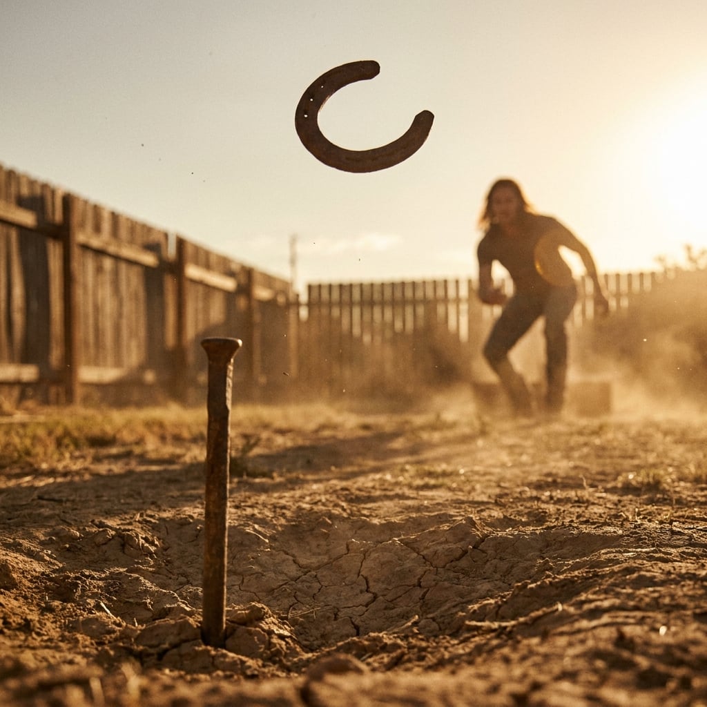 Backyard horseshoes game with metal stakes and sand pits