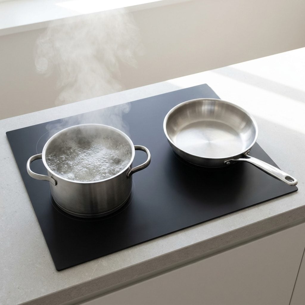 Induction cooktop integrated into a modern stone kitchen island