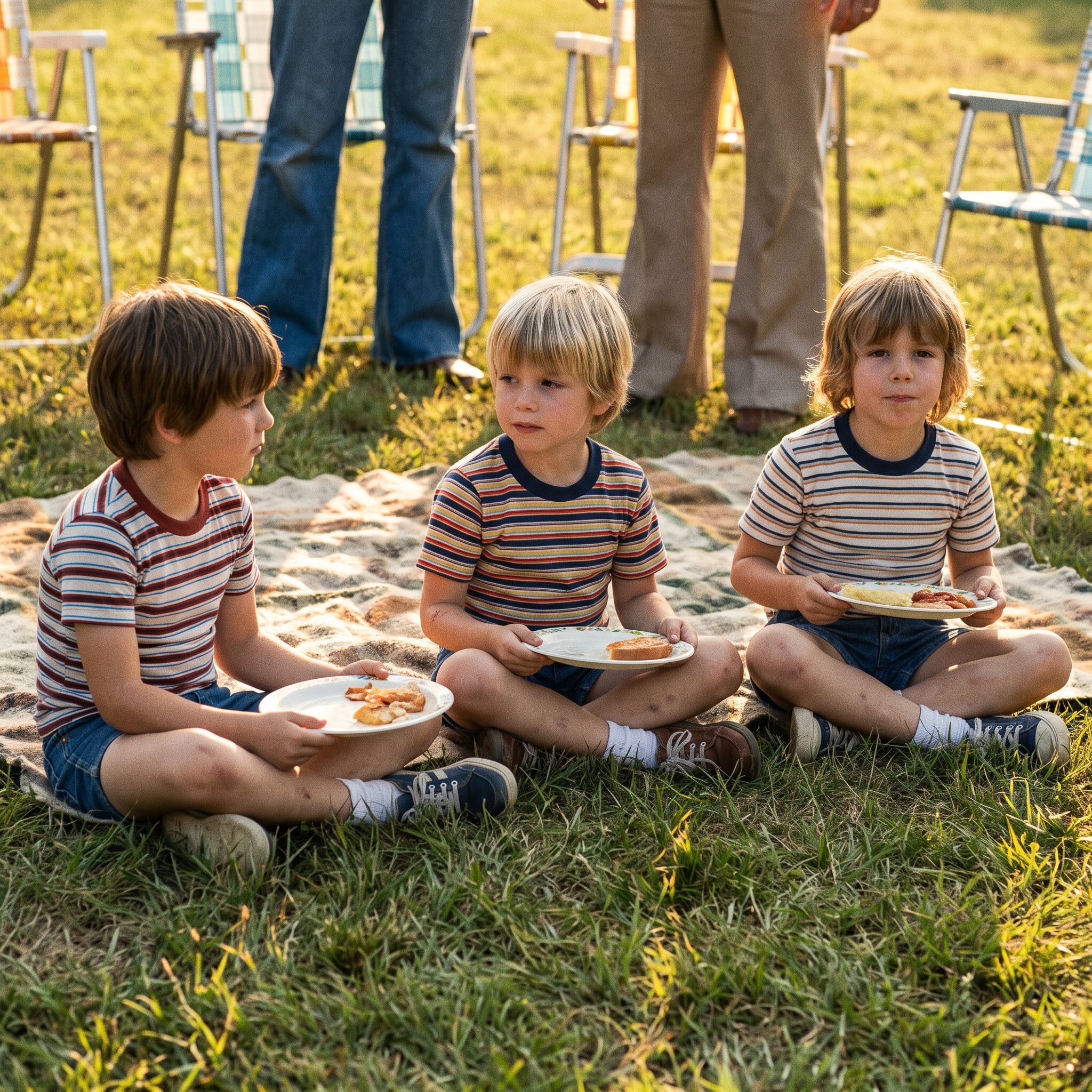 Children sitting on the grass with barbecue plates when backyard seating is full