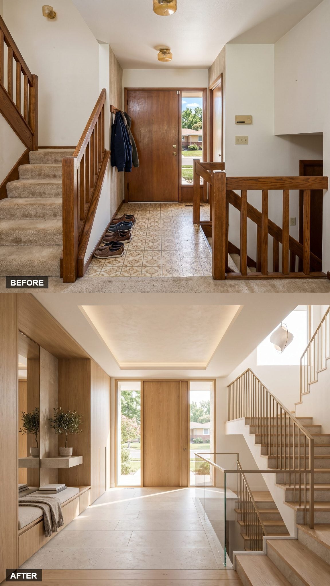 Light-filled split-level entry with oak stairs, limestone, and open glass sightlines