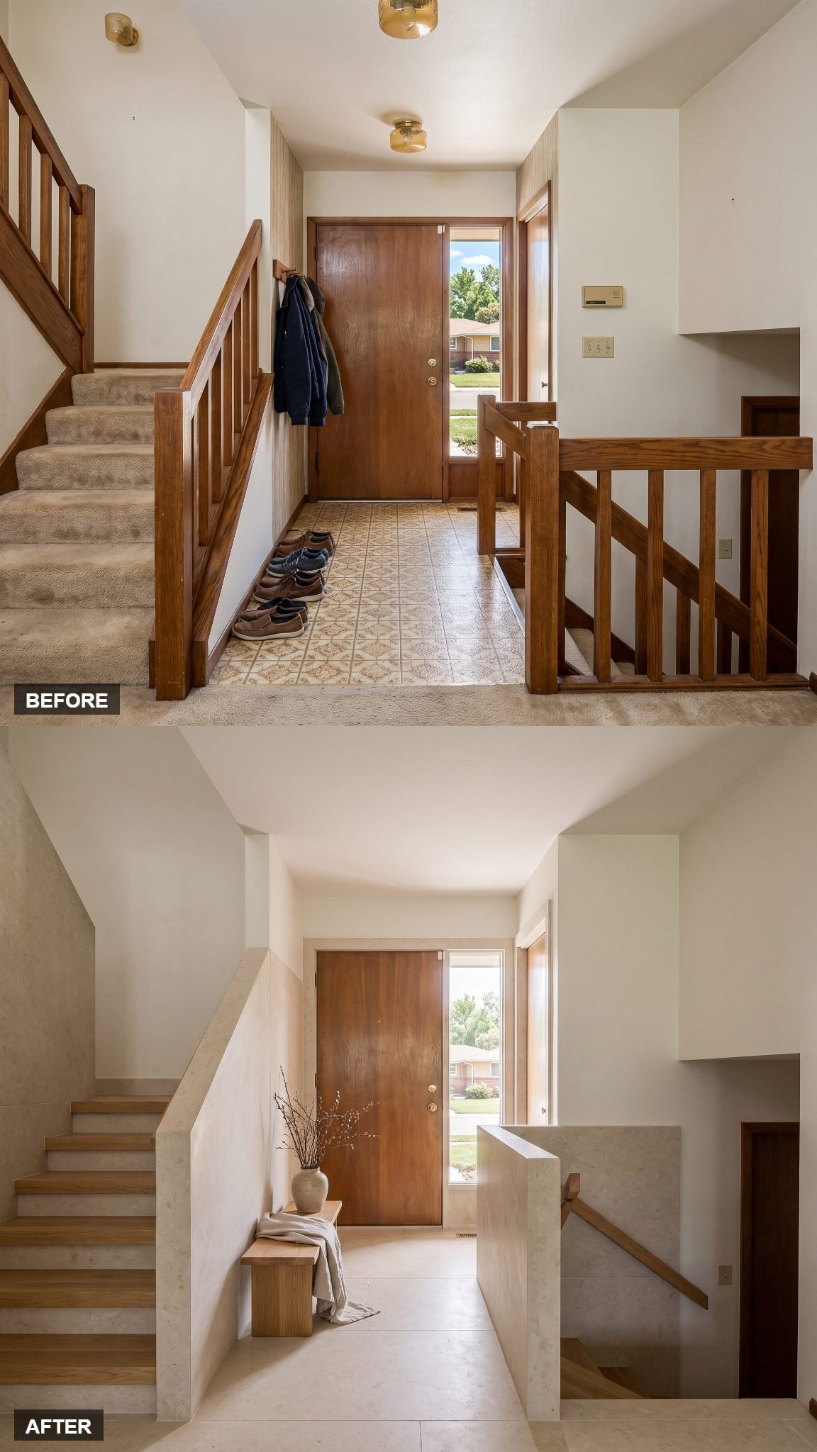 Monolithic limestone stair hall with oak treads