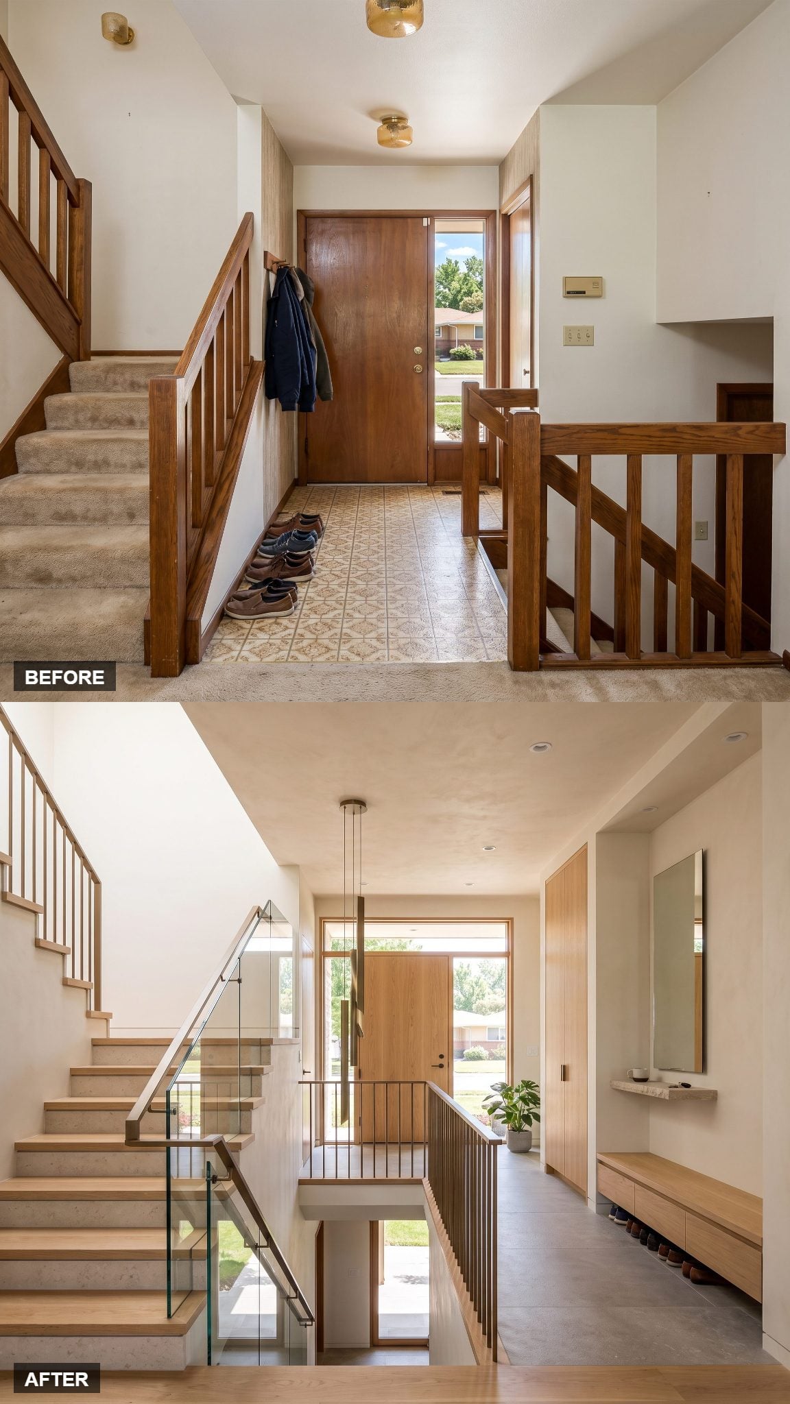 Open-sightline split-level entry with floating storage and glass railings