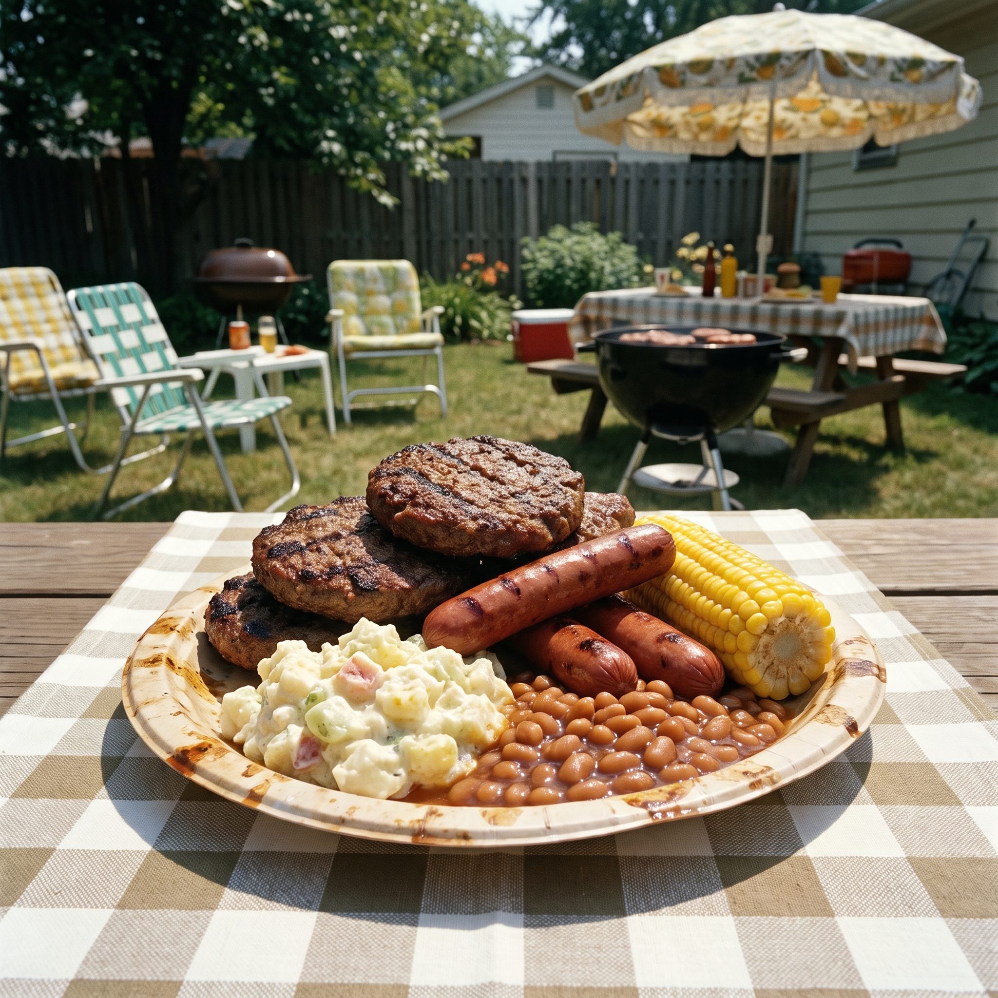 Paper plate bending under burgers and barbecue side dishes