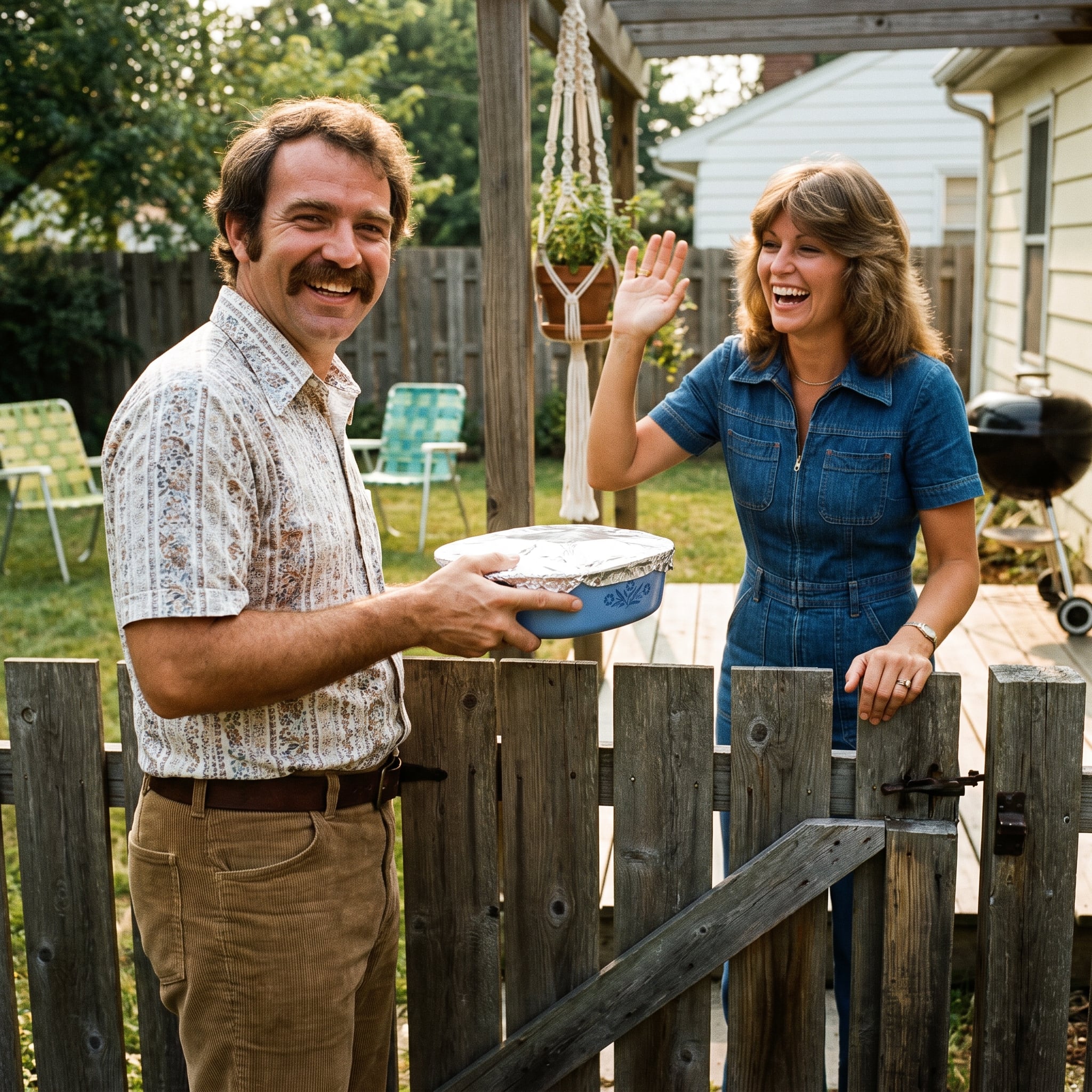 Neighbor arriving at a backyard barbecue carrying a covered bowl of food