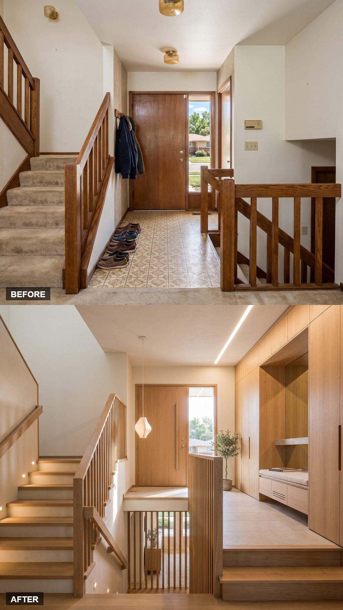 Split-level entry with sculptural oak guard wall and built-in bench