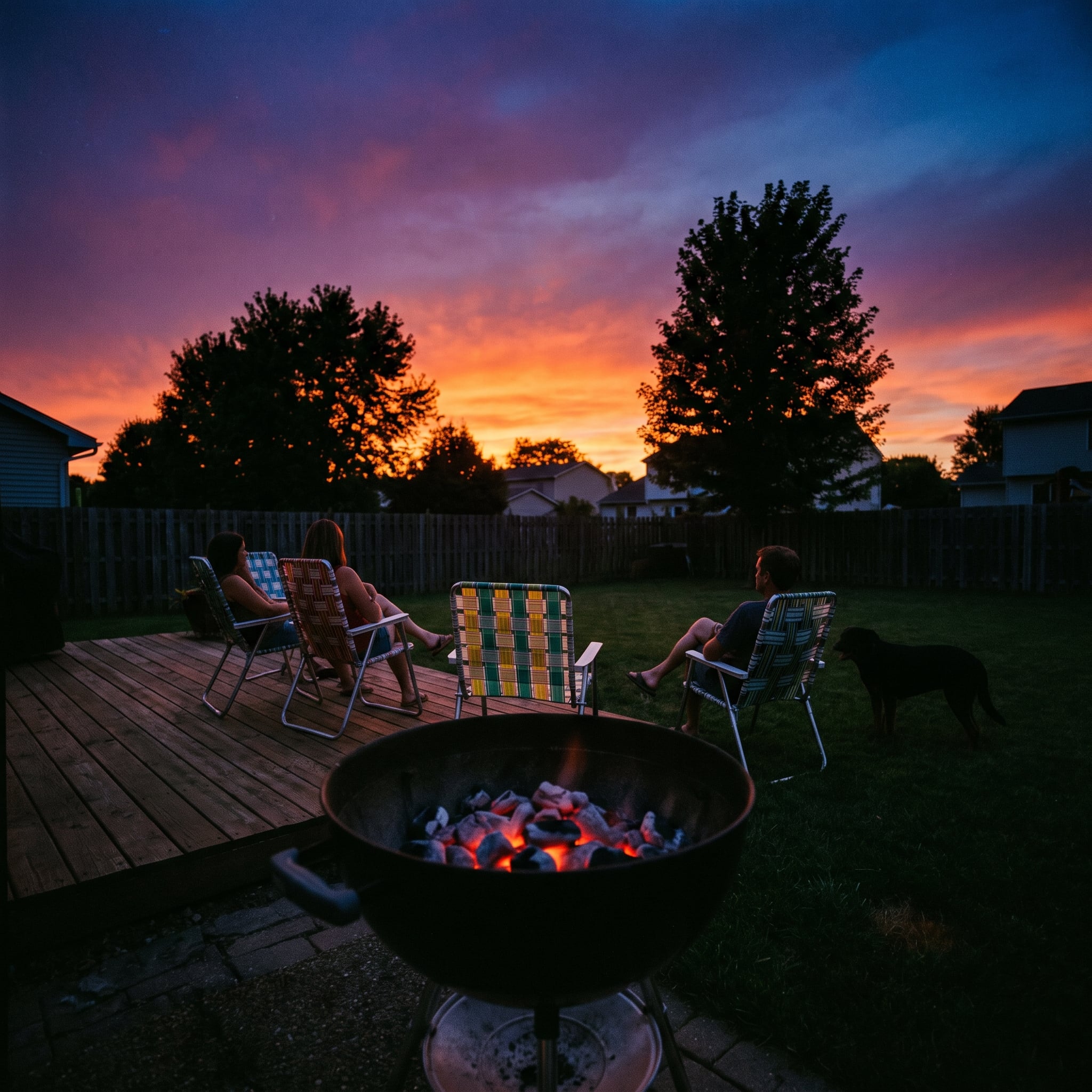 1970s backyard barbecue continuing after sunset under warm patio lights