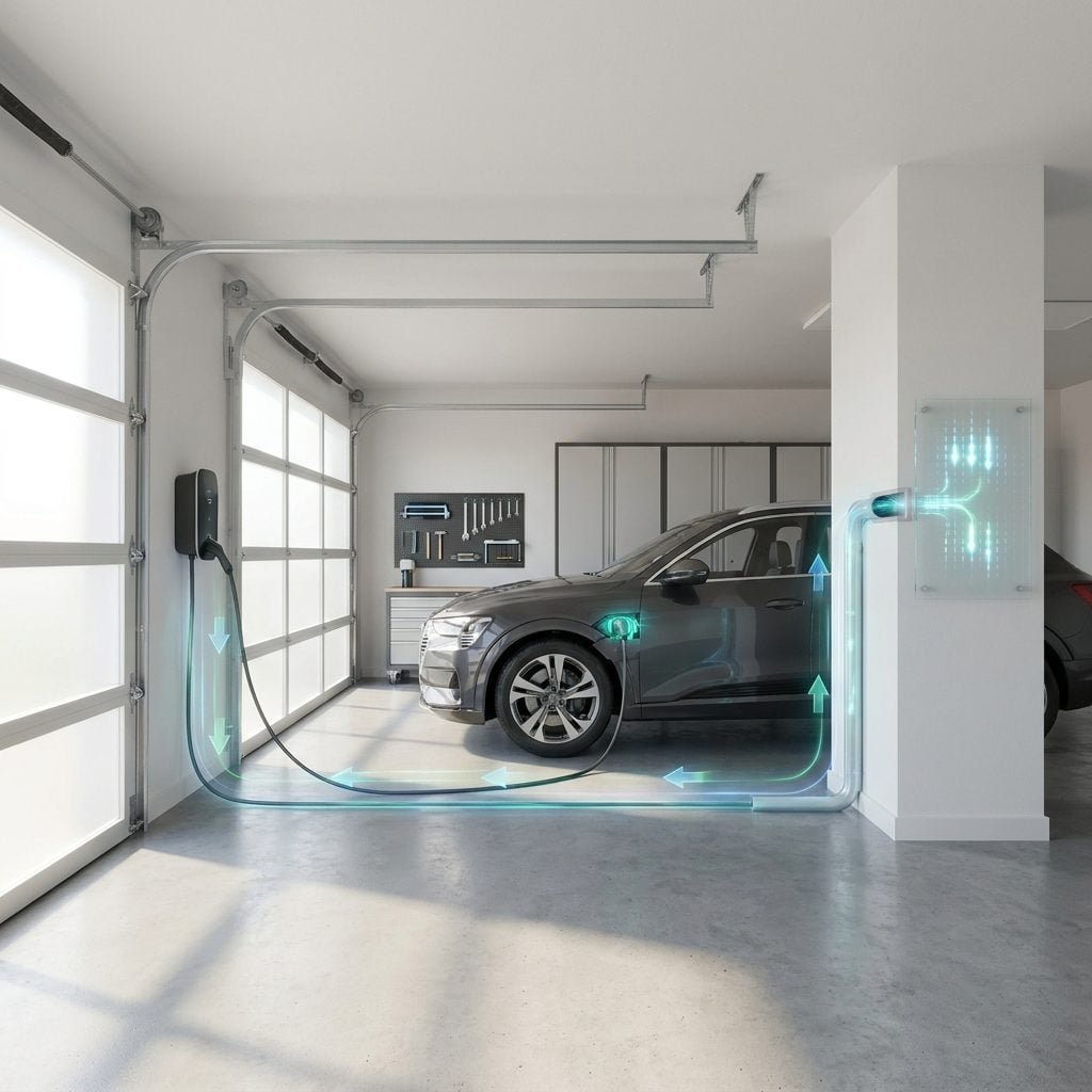 Garage with bidirectional electric vehicle charging equipment