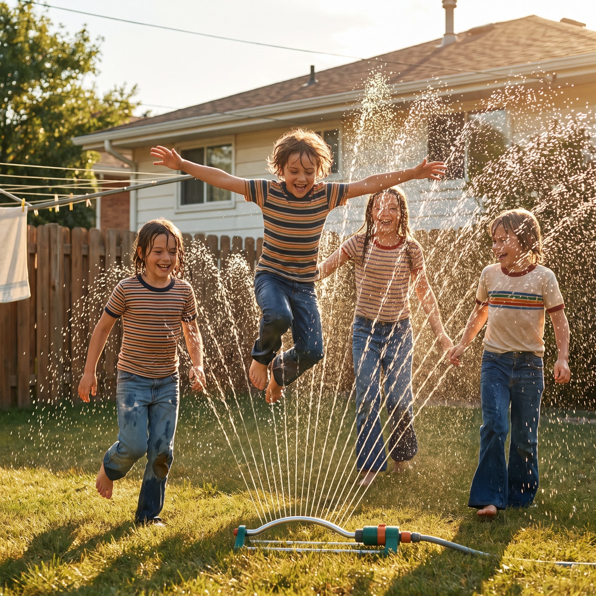 Children playing in an oscillating sprinkler in a 1970s backyard