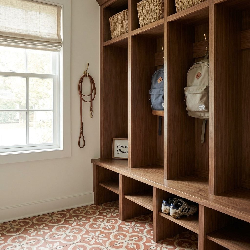 Organized mudroom with built-in lockers and storage