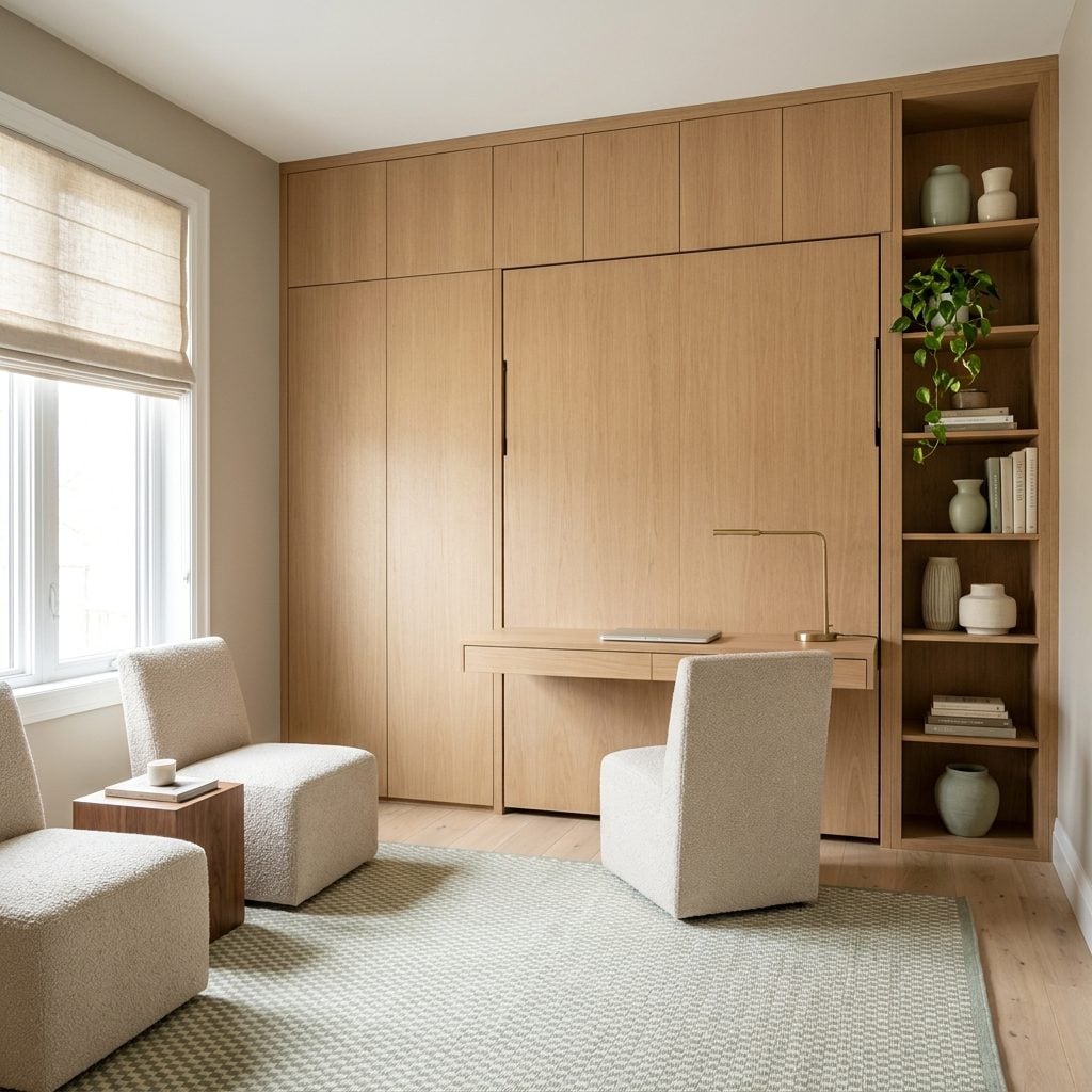 Home office with concealed wall bed built into walnut cabinetry