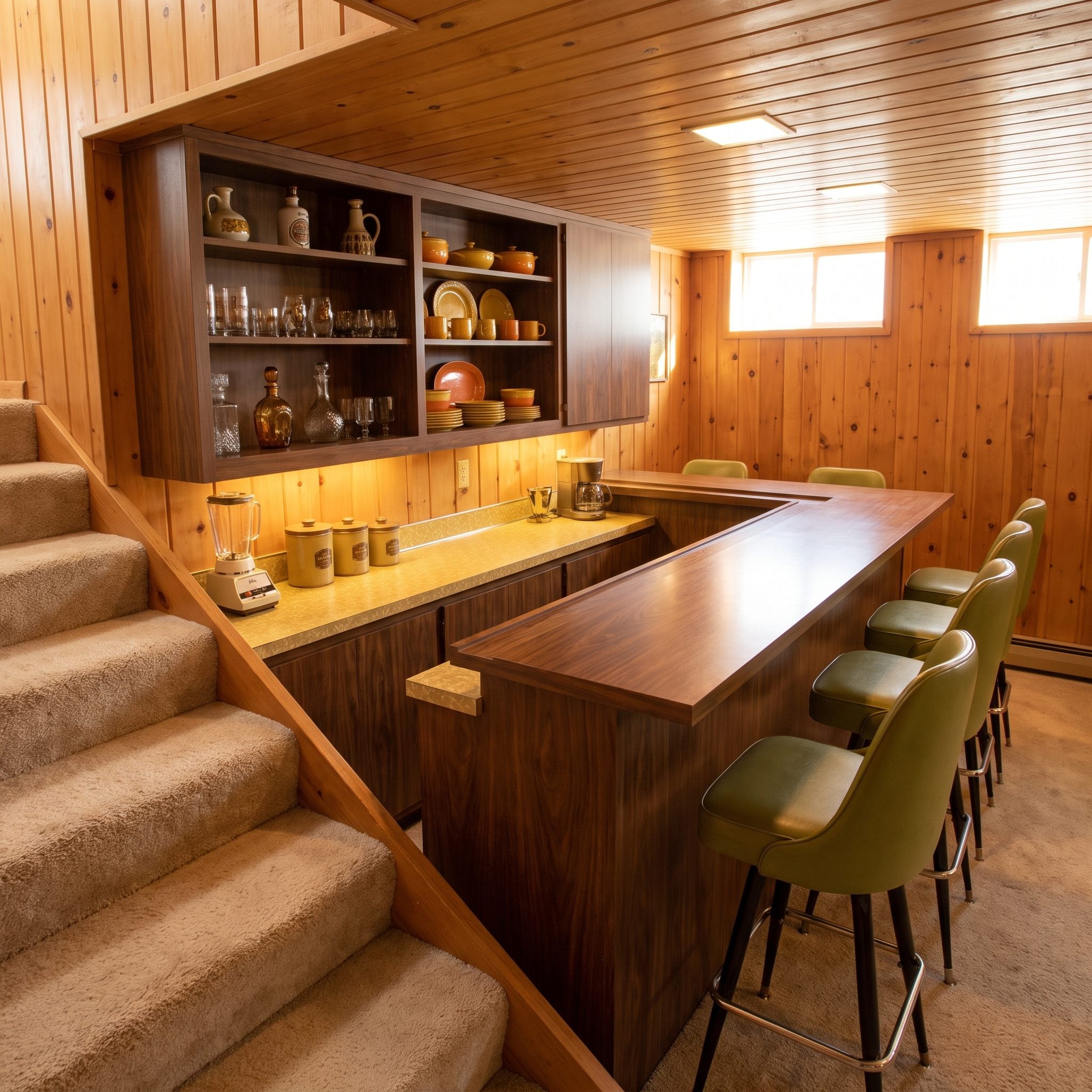 Wood-paneled basement home bar with a built-in counter