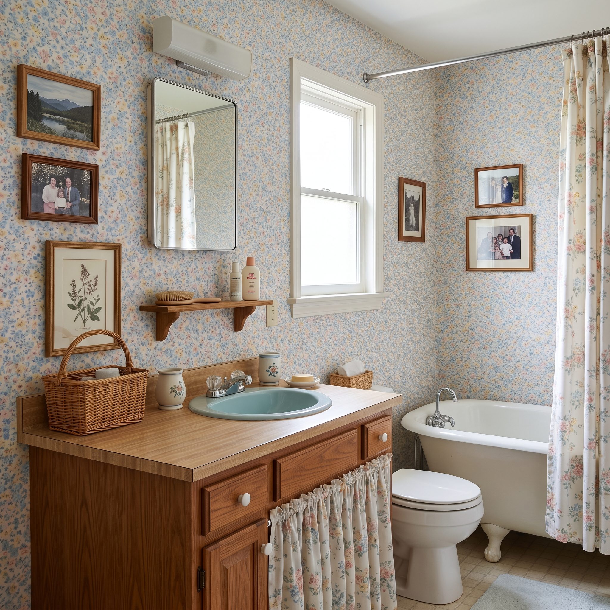 Tiny floral wallpaper covering the bathroom walls