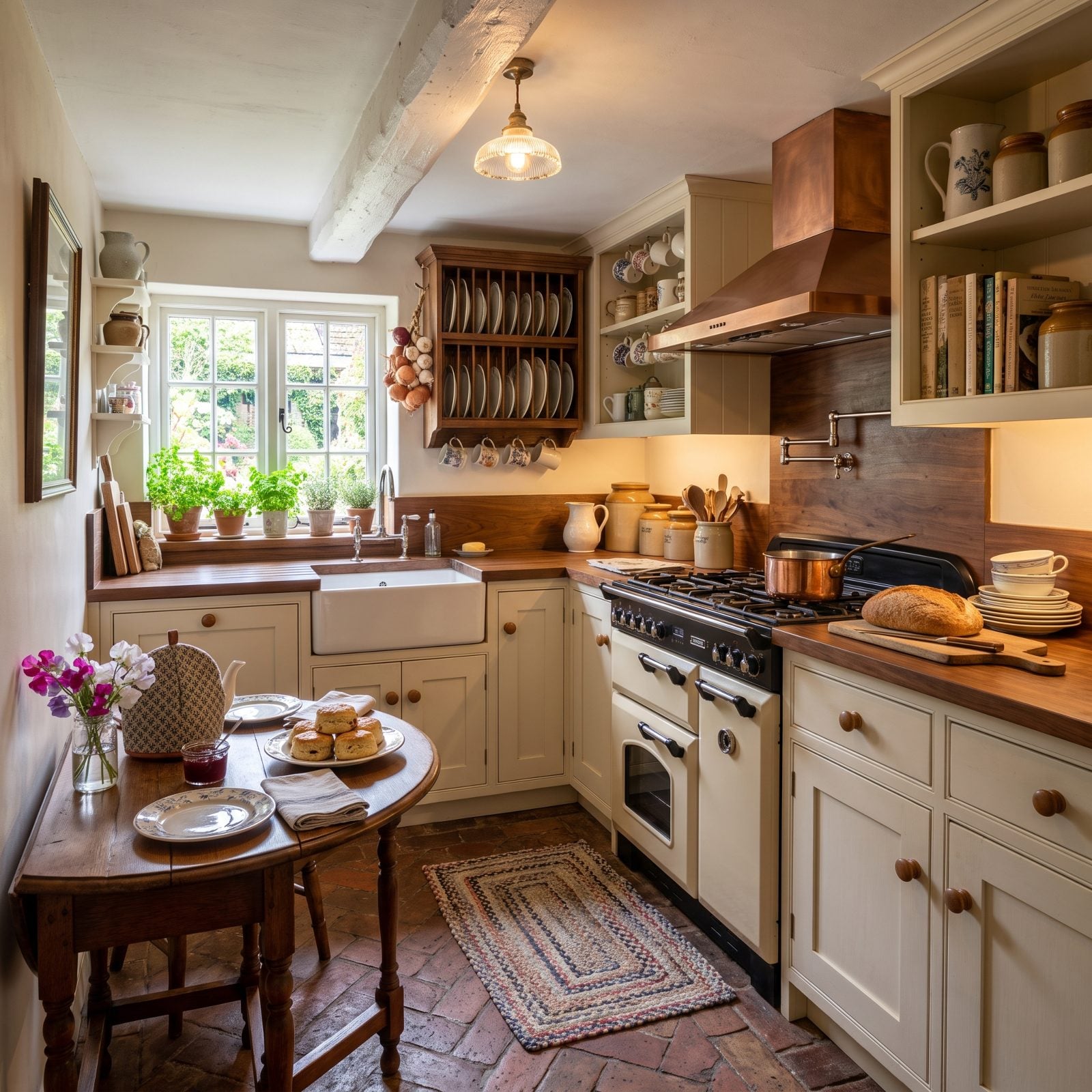 A Small Cream Cottage Kitchen With Walnut Counters