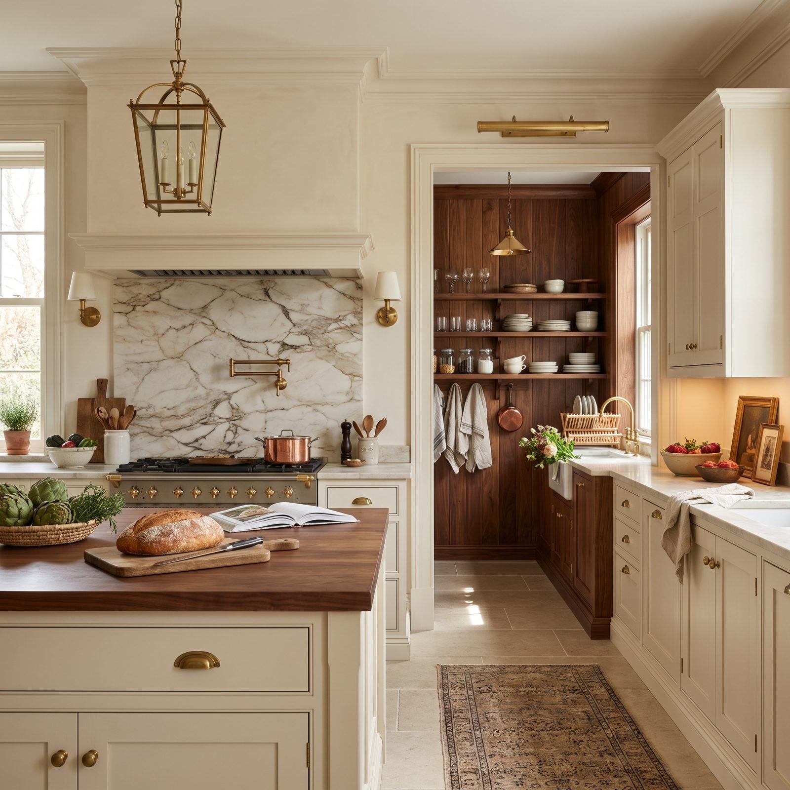 A Walnut-Lined Scullery Behind Cream Doors