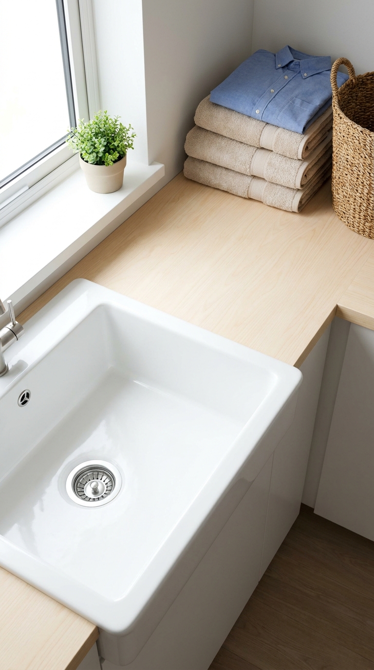 Laundry room where a deep utility sink fills the only counter run, leaving no flat surface for folding clothes.
