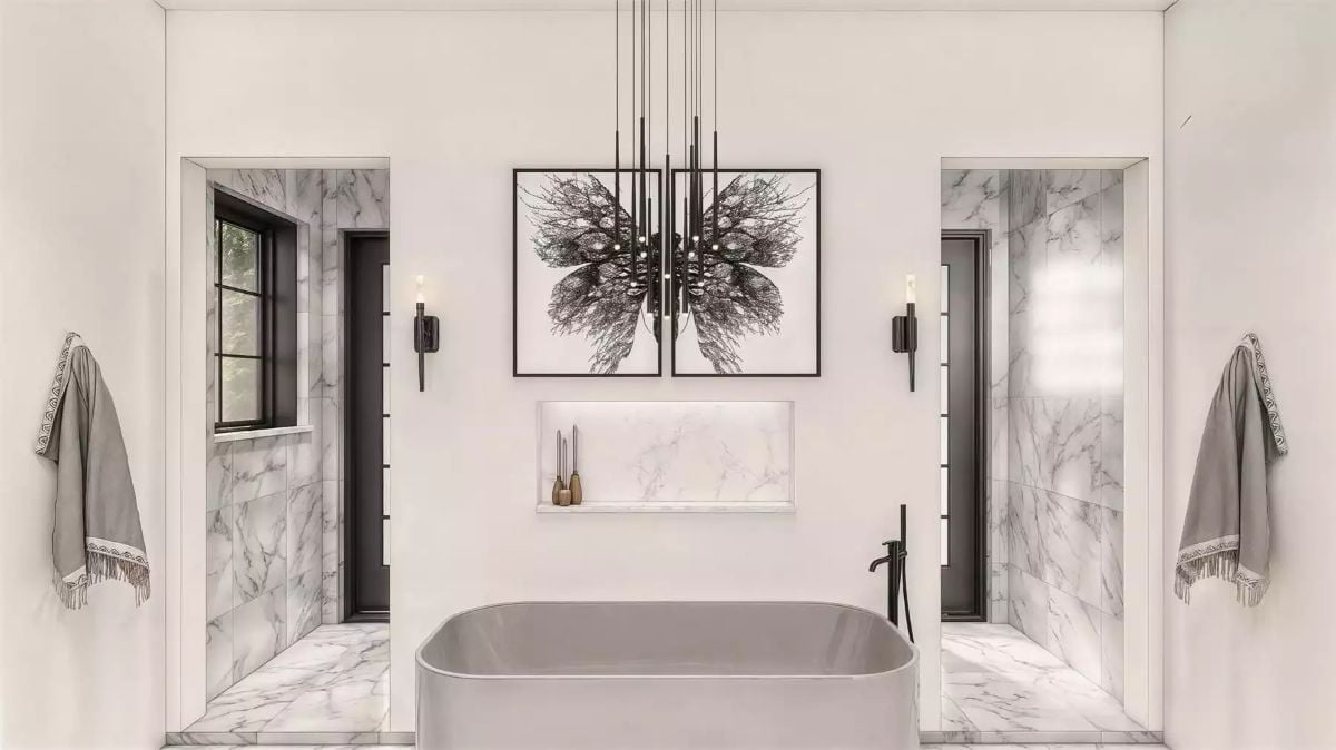 Marble Wet Rooms Flanking a Freestanding Tub Is a Layout Worth Planning Around