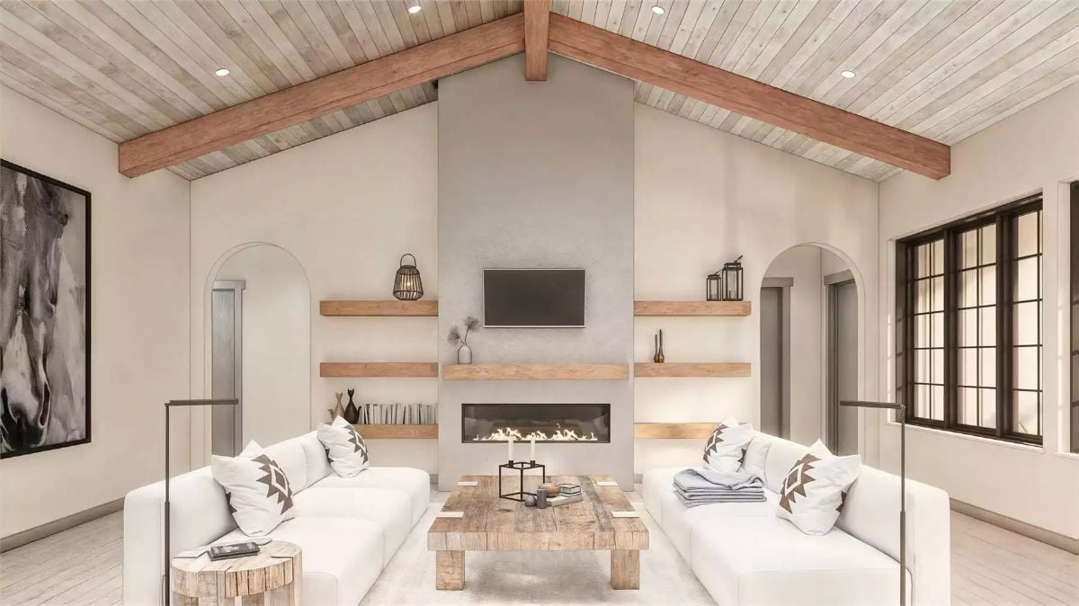 Vaulted Ceilings and Exposed Beams Make This Living Room Feel Earned