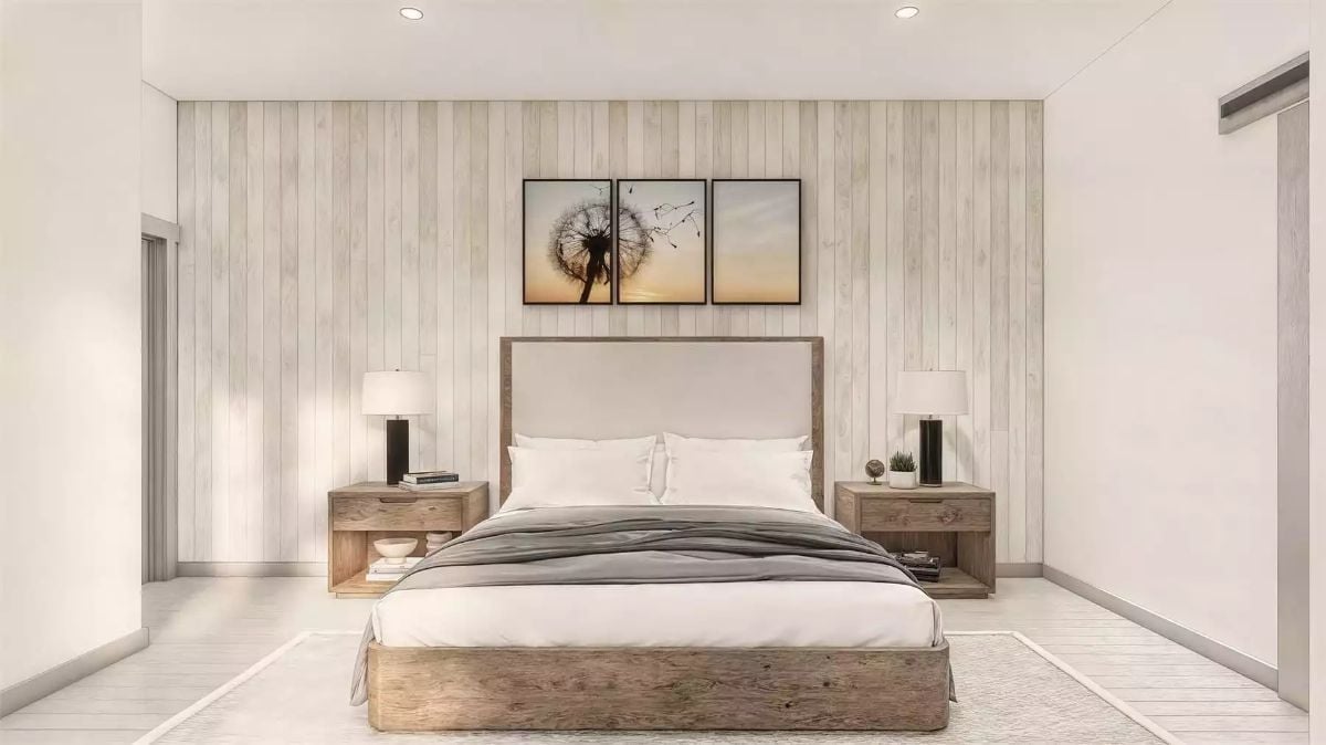 Vertical Shiplap and a Dandelion Diptych Pull This Bedroom Back to Earth