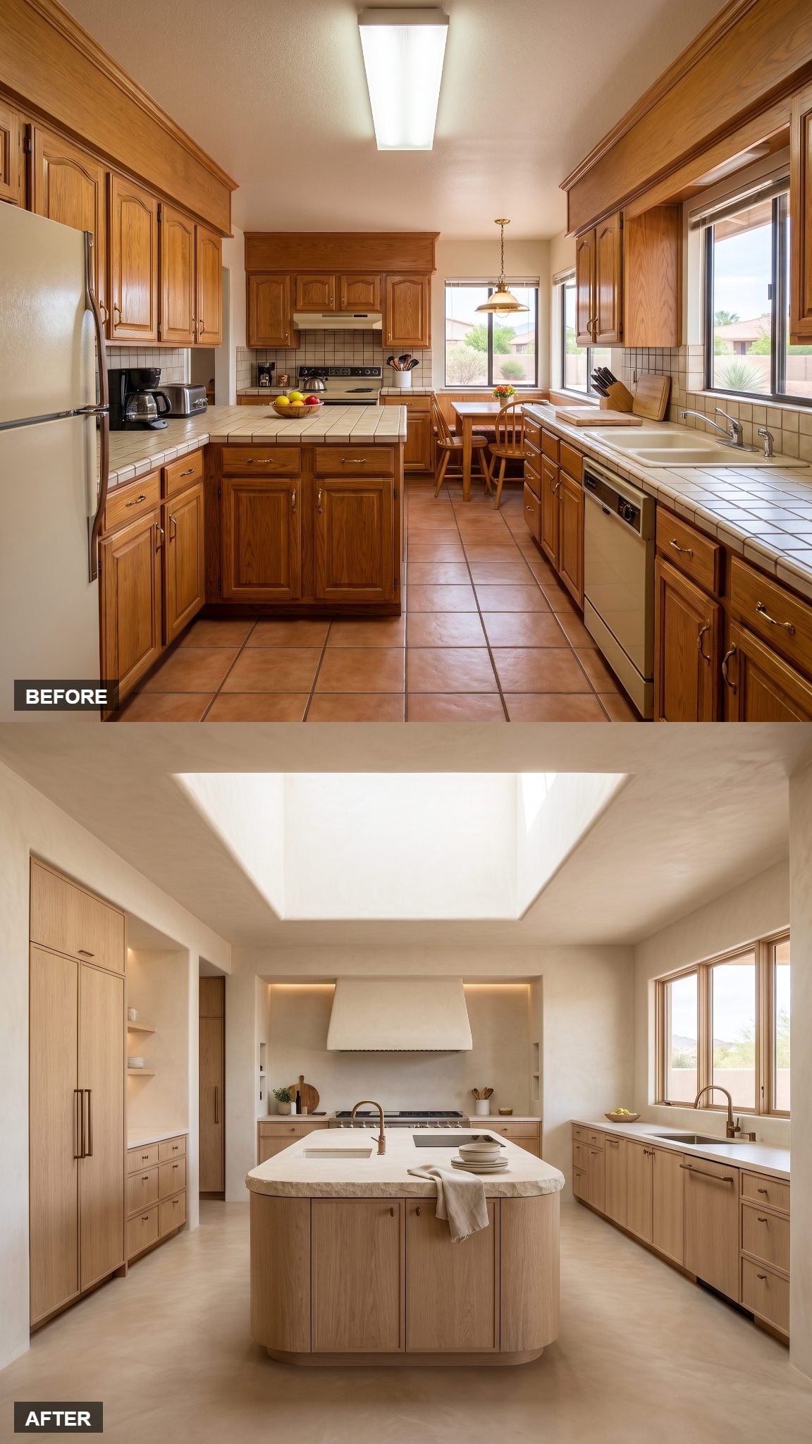 Adobe resort kitchen with a glowing ceiling well above rounded limestone and plaster surfaces