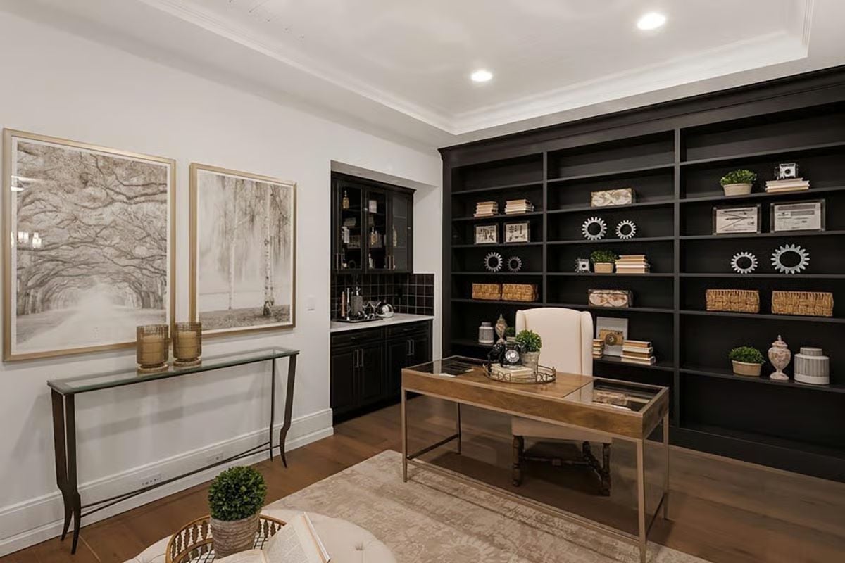 Built-In Shelving Painted Black in a Home Office That Means Business