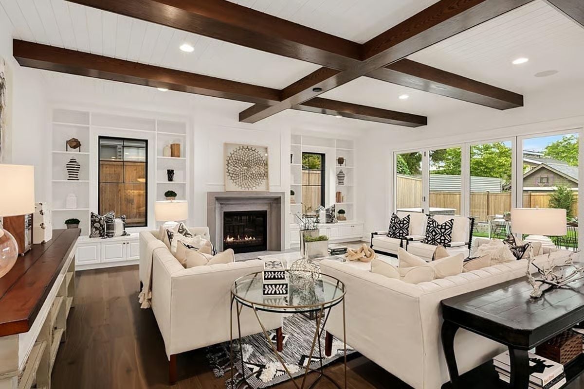 Coffered Ceiling with Dark Beams That Earns Every Square Foot Beneath It