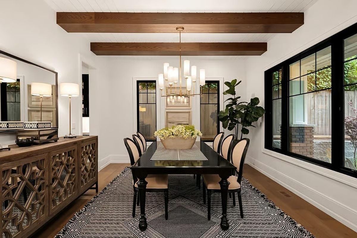 Fiddle-Leaf Fig and Brass Chandelier in a Dining Room Built for Sunday Dinners