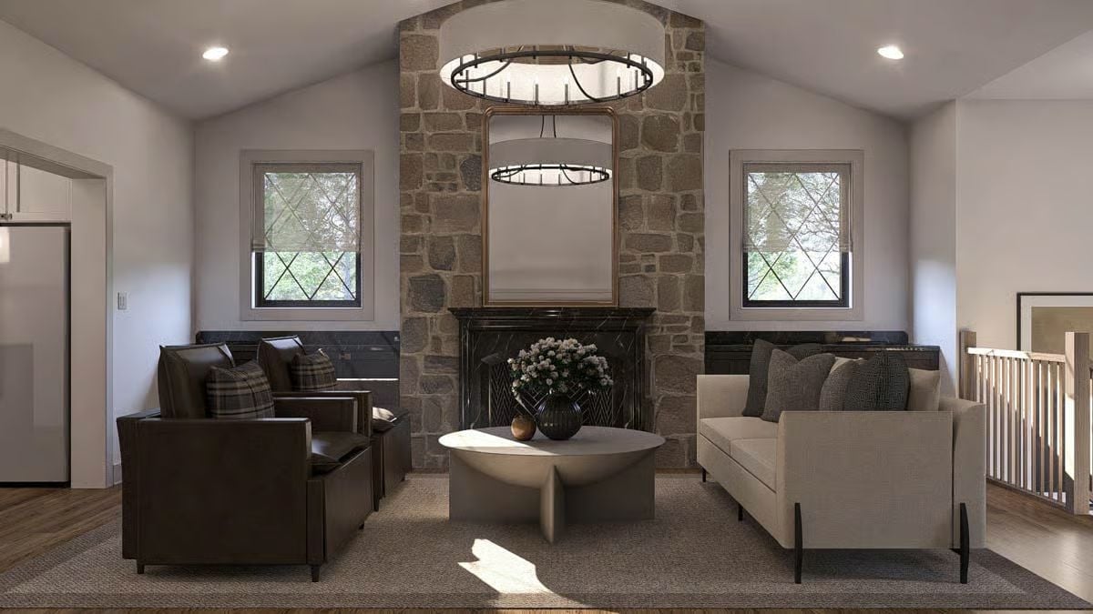 Stone Fireplace Wall, Dark Marble Surround, and a Sofa That Earns Its Place