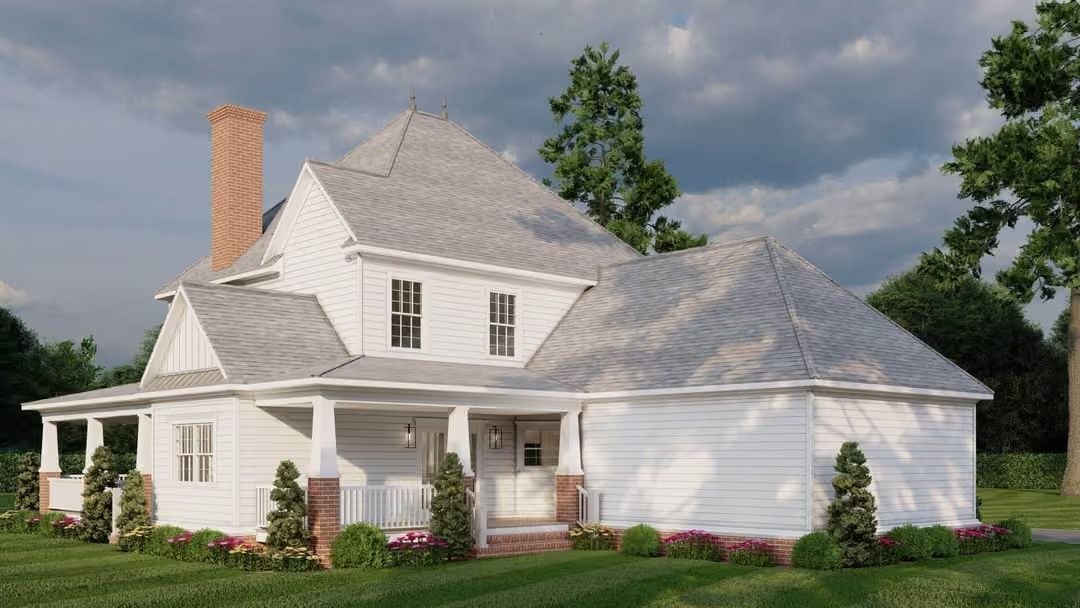 Wraparound Porch, Brick Columns, and a Roofline That Means Business