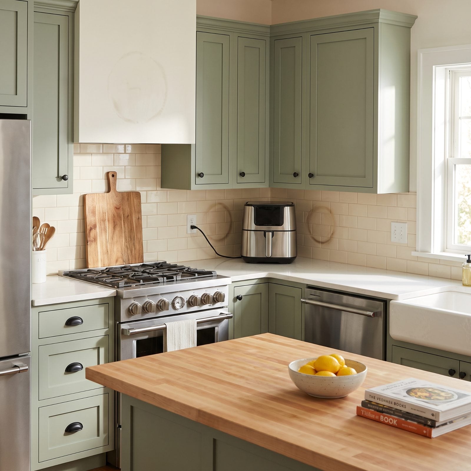 Sage green kitchen with a large air fryer permanently parked on the counter beside the range, cord stretched to an outlet.