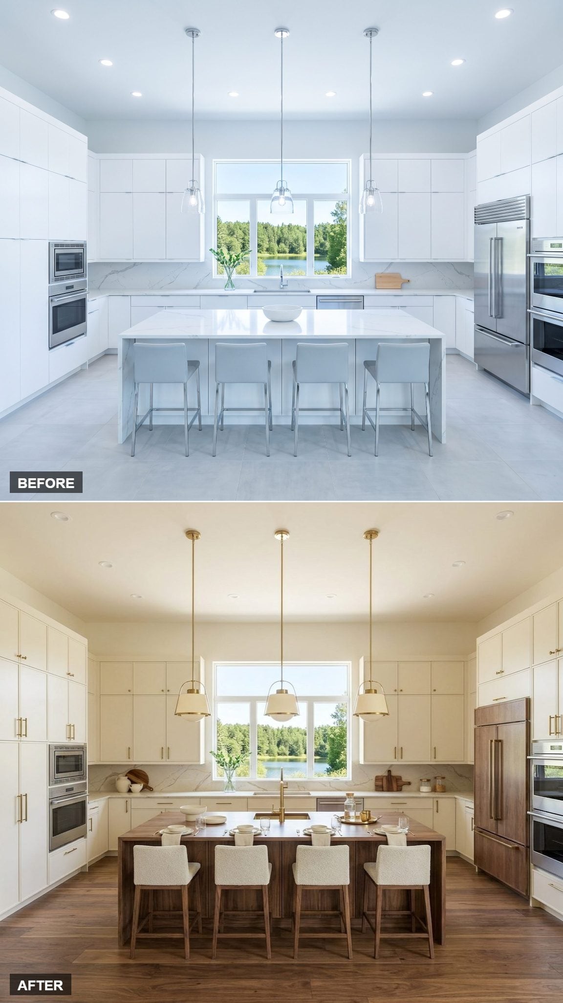 Airy Warm-Contemporary Luxury With Cream Cabinetry, Walnut Island and Unlacquered Brass