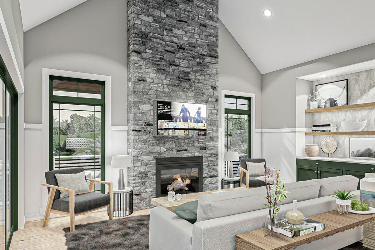 Floor-to-Ceiling Stone and a Fireplace That Earns the Room