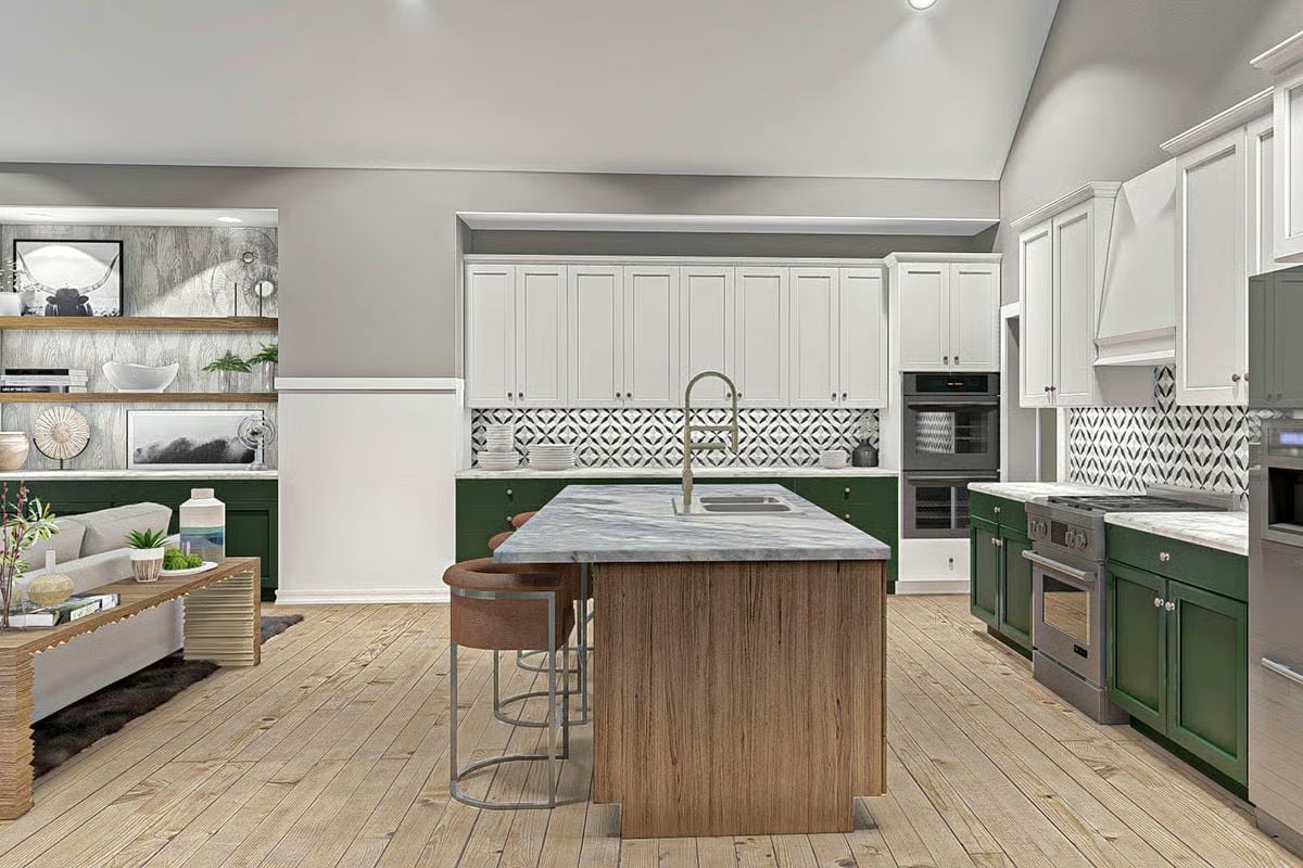 Forest Green Lower Cabinets and a Wood Island That Anchors the Whole Kitchen