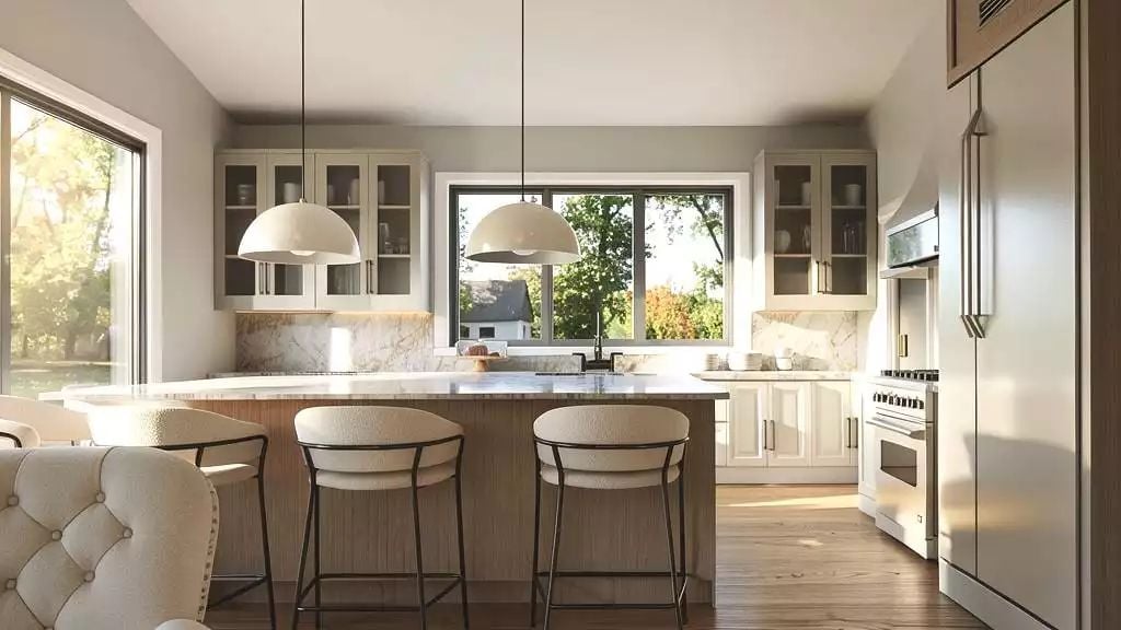 Dome Pendants, Marble Slab, and a Kitchen Island That Pulls the Whole Room Together