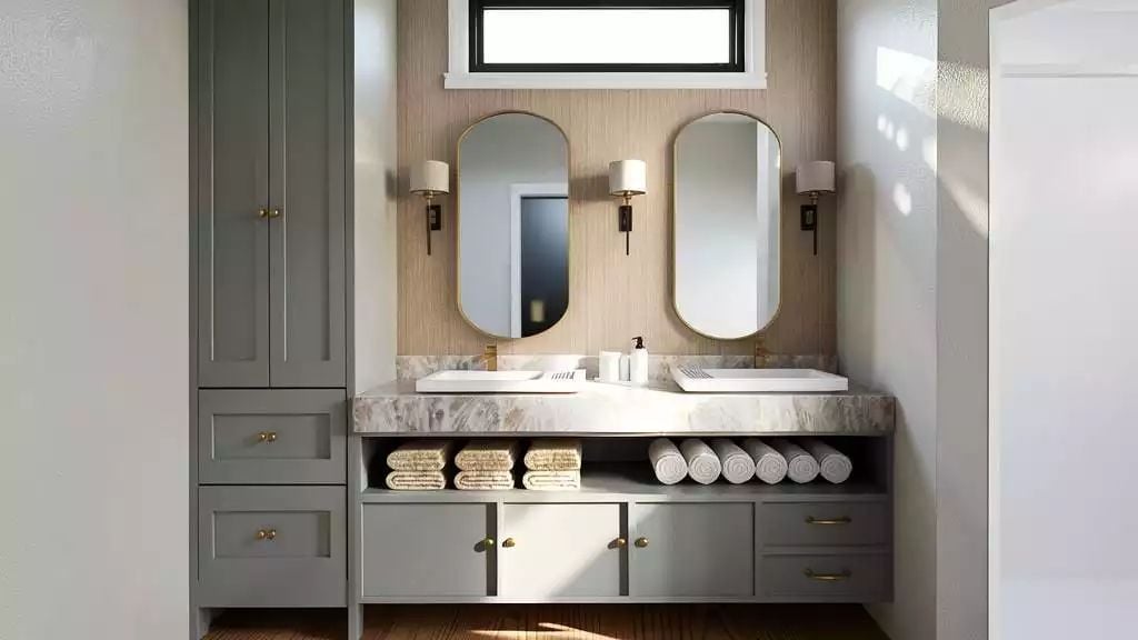 Gold-Framed Mirrors, Marble Counters, and Storage That Actually Has a Plan
