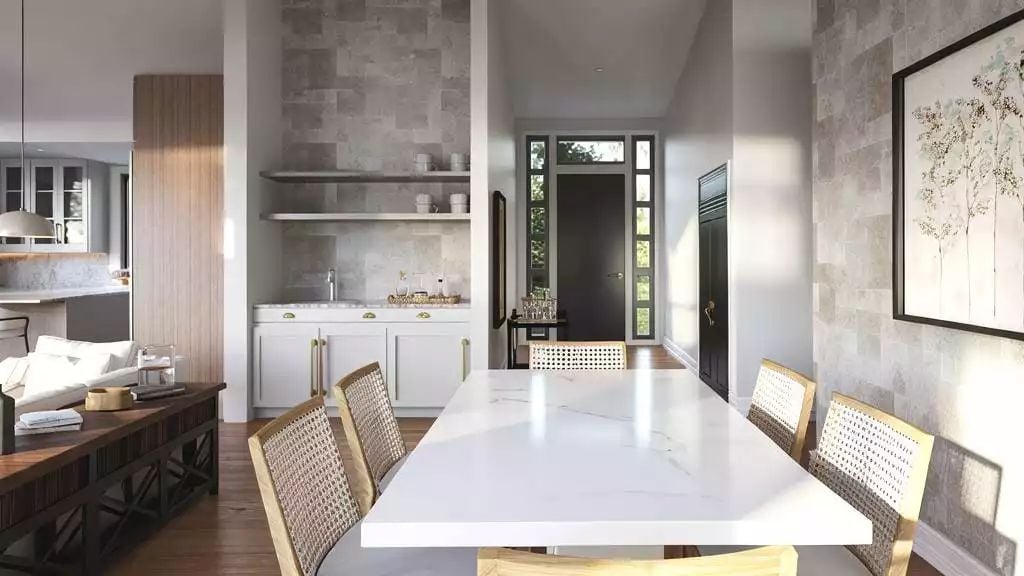 Marble-Top Table, Rattan Chairs, and a Wet Bar That Earns Its Wall Space