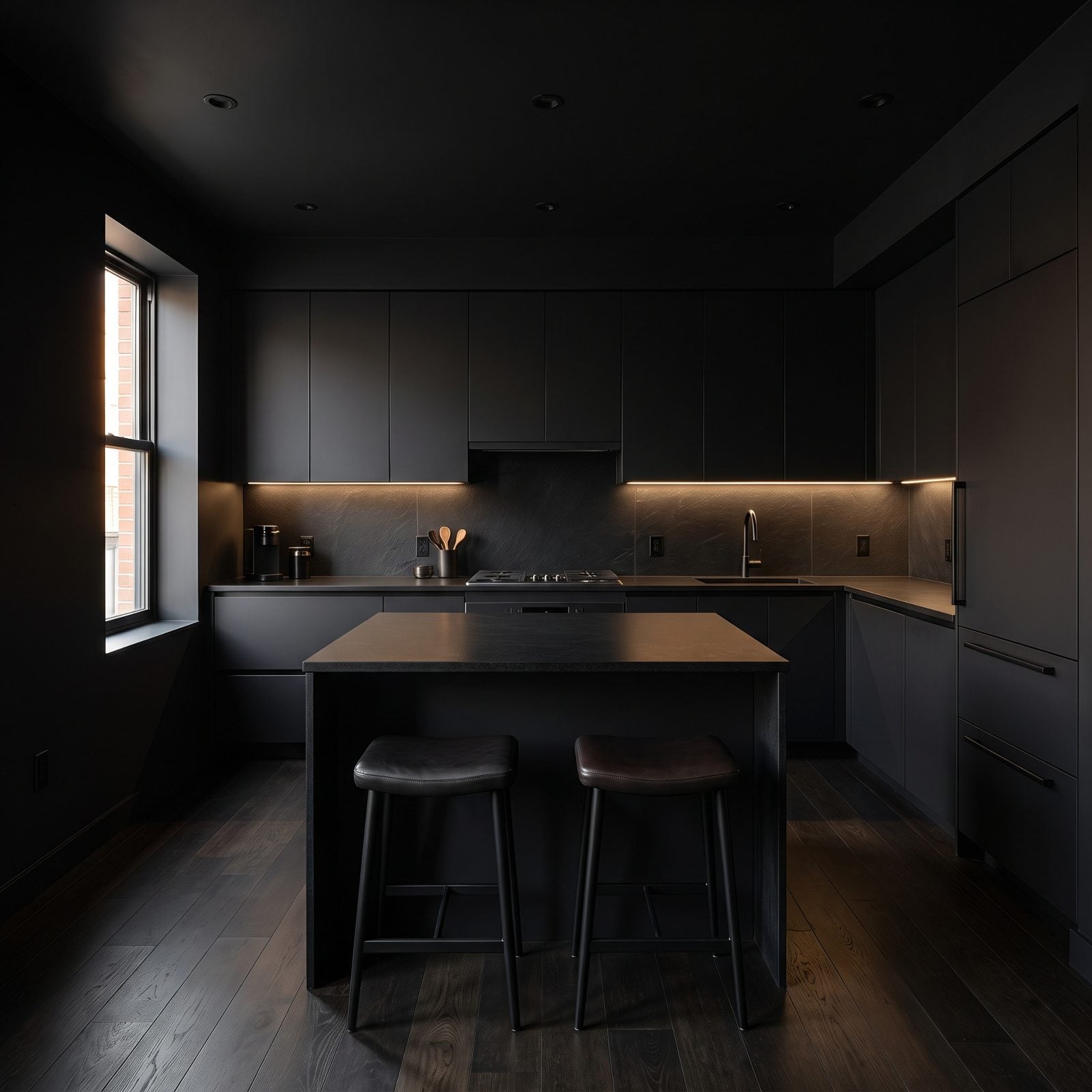 The All-Black Kitchen Where Cabinets, Counters and Backsplash Swallow the Light