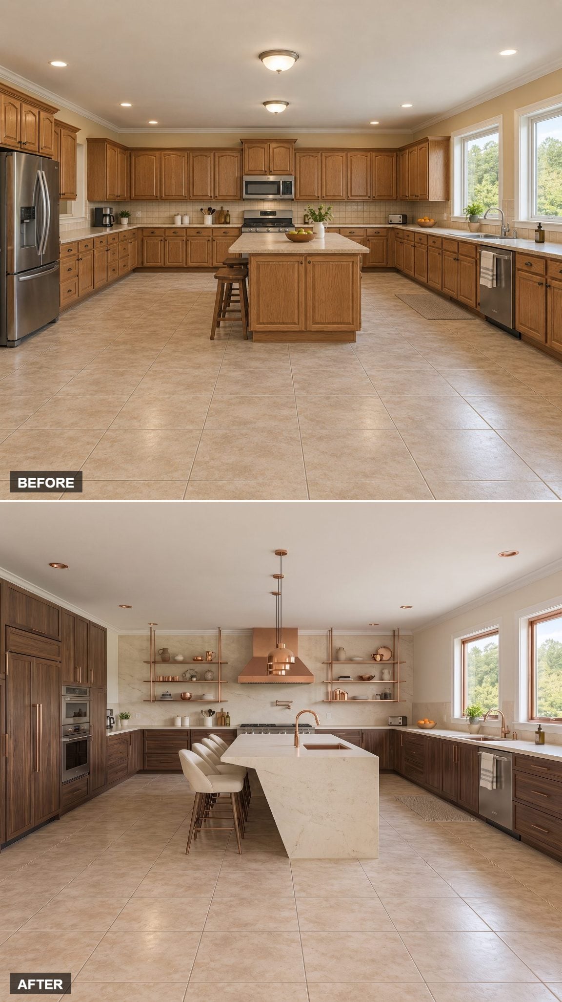 Almost No Upper Cabinets, All Copper Shelving