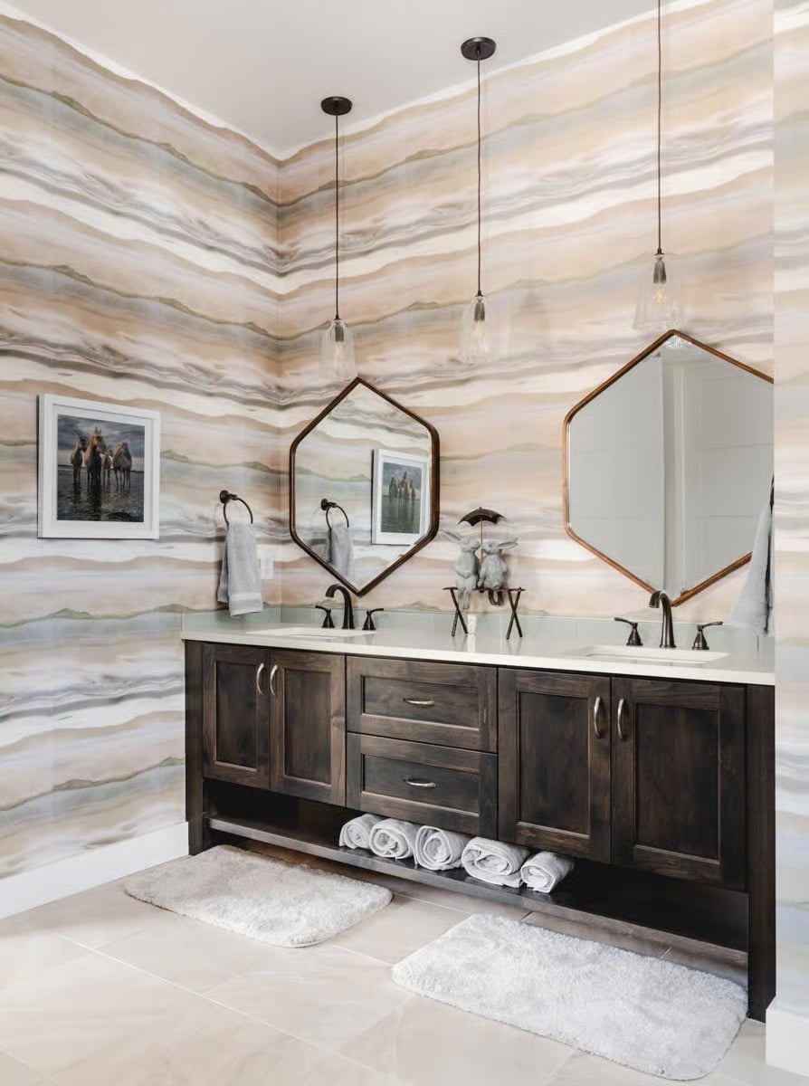 Hexagonal Mirrors and a Marble-Look Wall Turn a Bathroom Into Something You'd Pay to Stay In