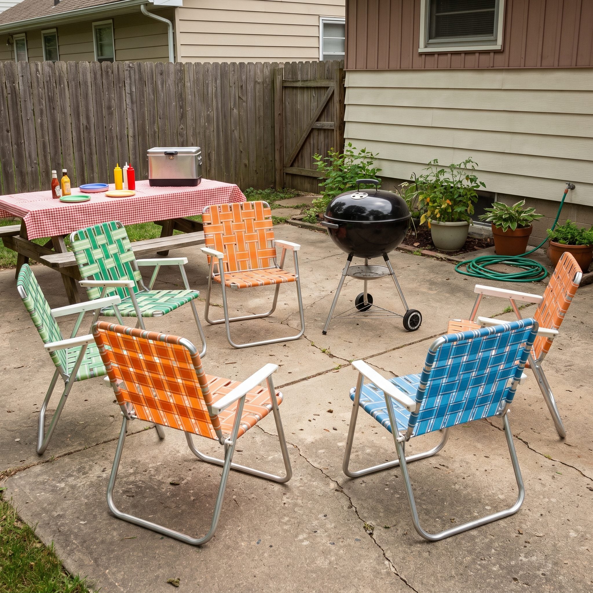 Colorful aluminum webbed lawn chairs arranged in a backyard