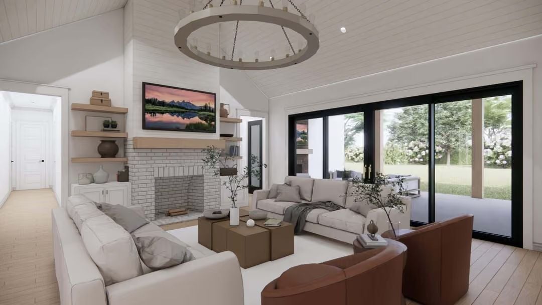 Circular Chandelier, Brick Fireplace, and Sliding Glass Walls Pull a Living Room Together