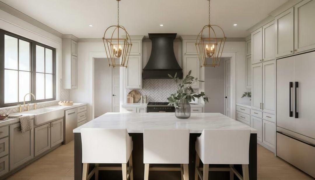 Gold Lanterns and a Black Range Hood Give This Kitchen Its Backbone
