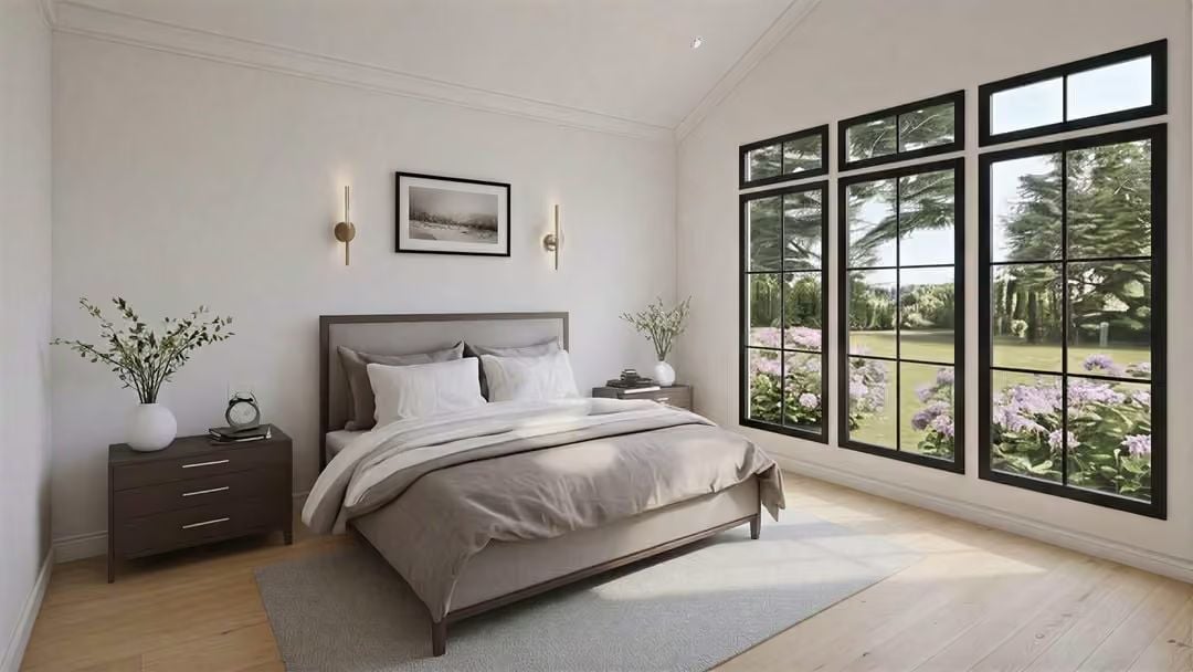 Sconce Placement and a Garden View Do the Heavy Lifting in This Bedroom