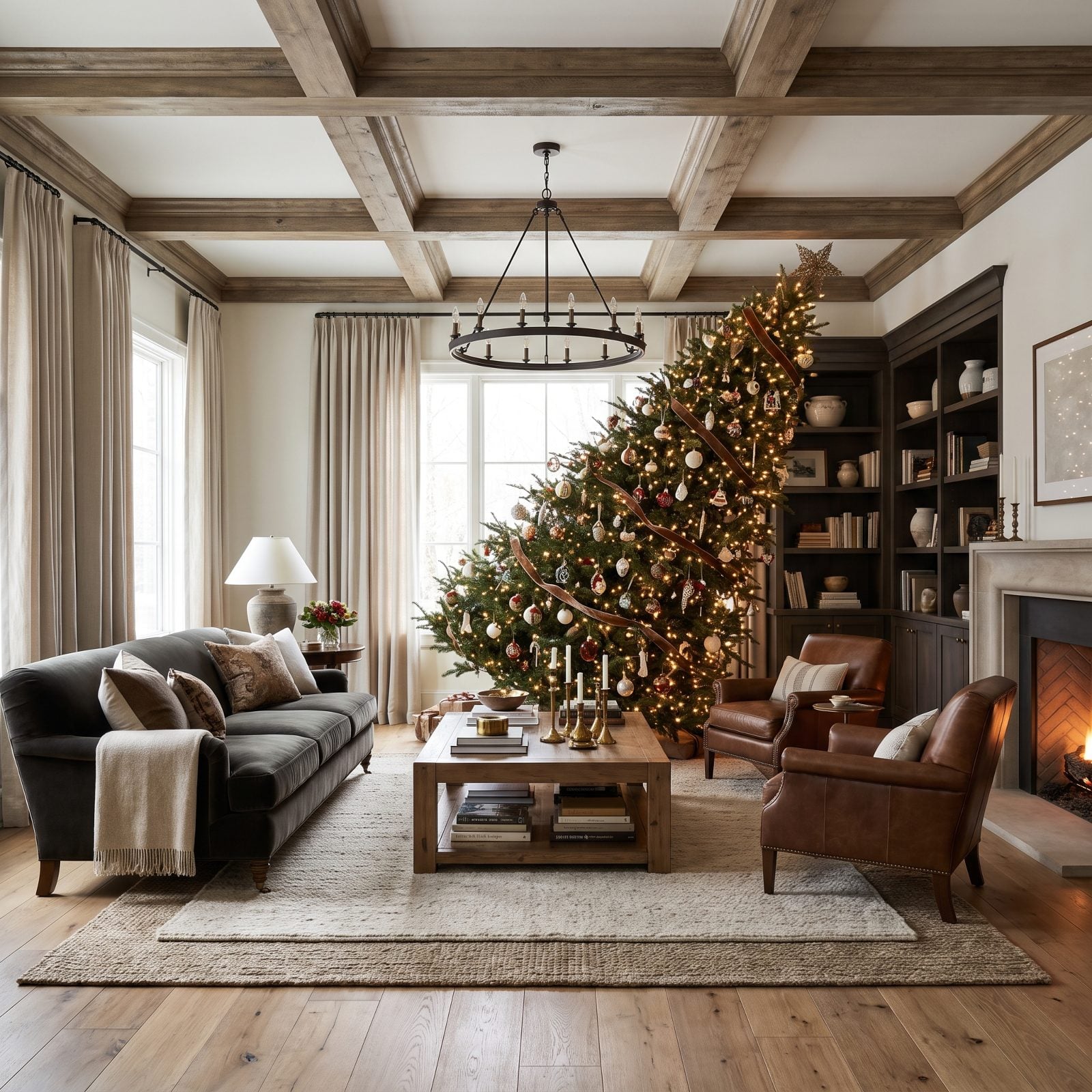 Small modern living room with a wide Christmas tree rotated so its fullest side projects out into the room toward the