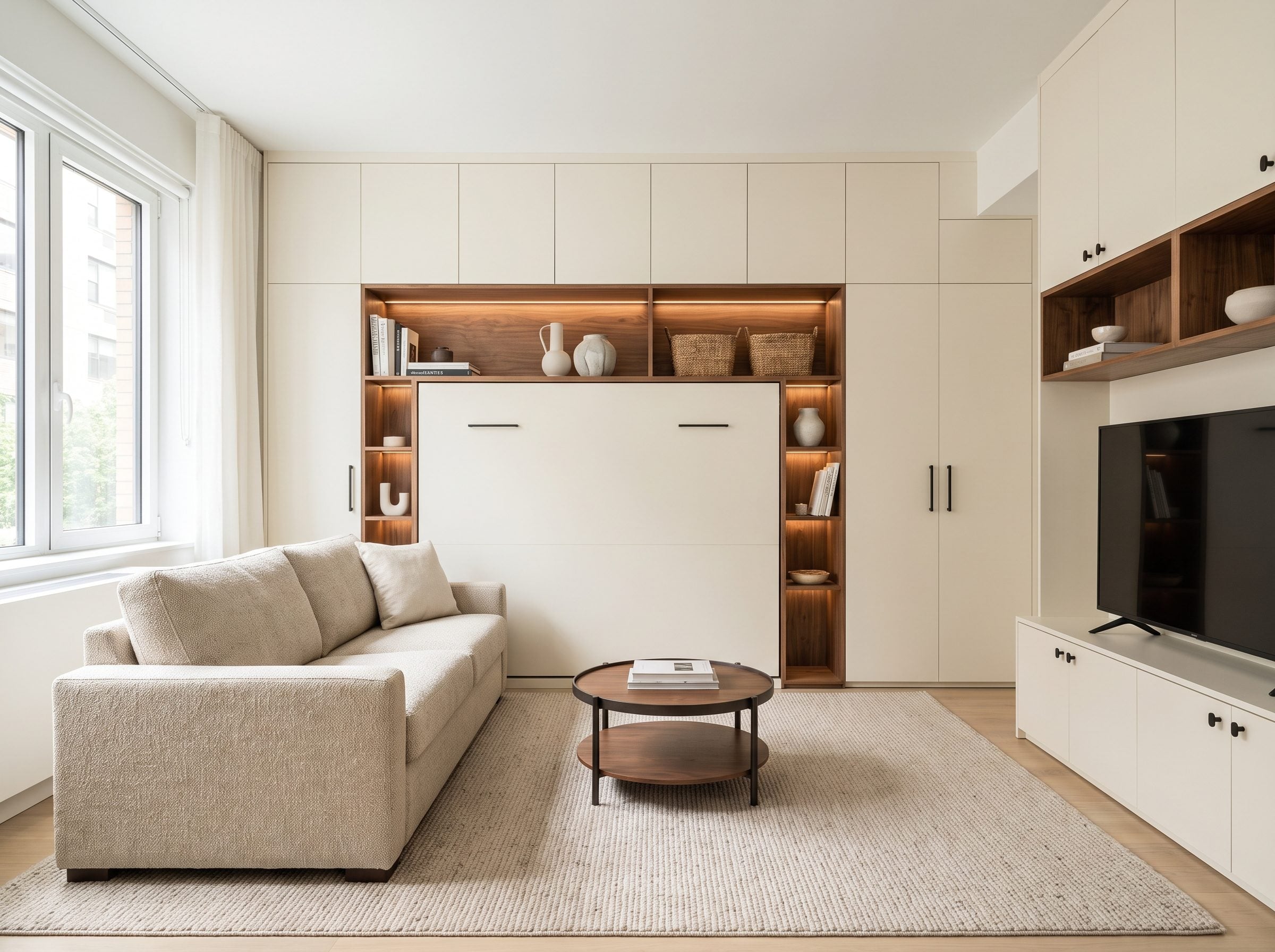 Compact apartment living room with an 84-inch sofa pushed flush against a floor-to-ceiling storage wall of cream cabinets