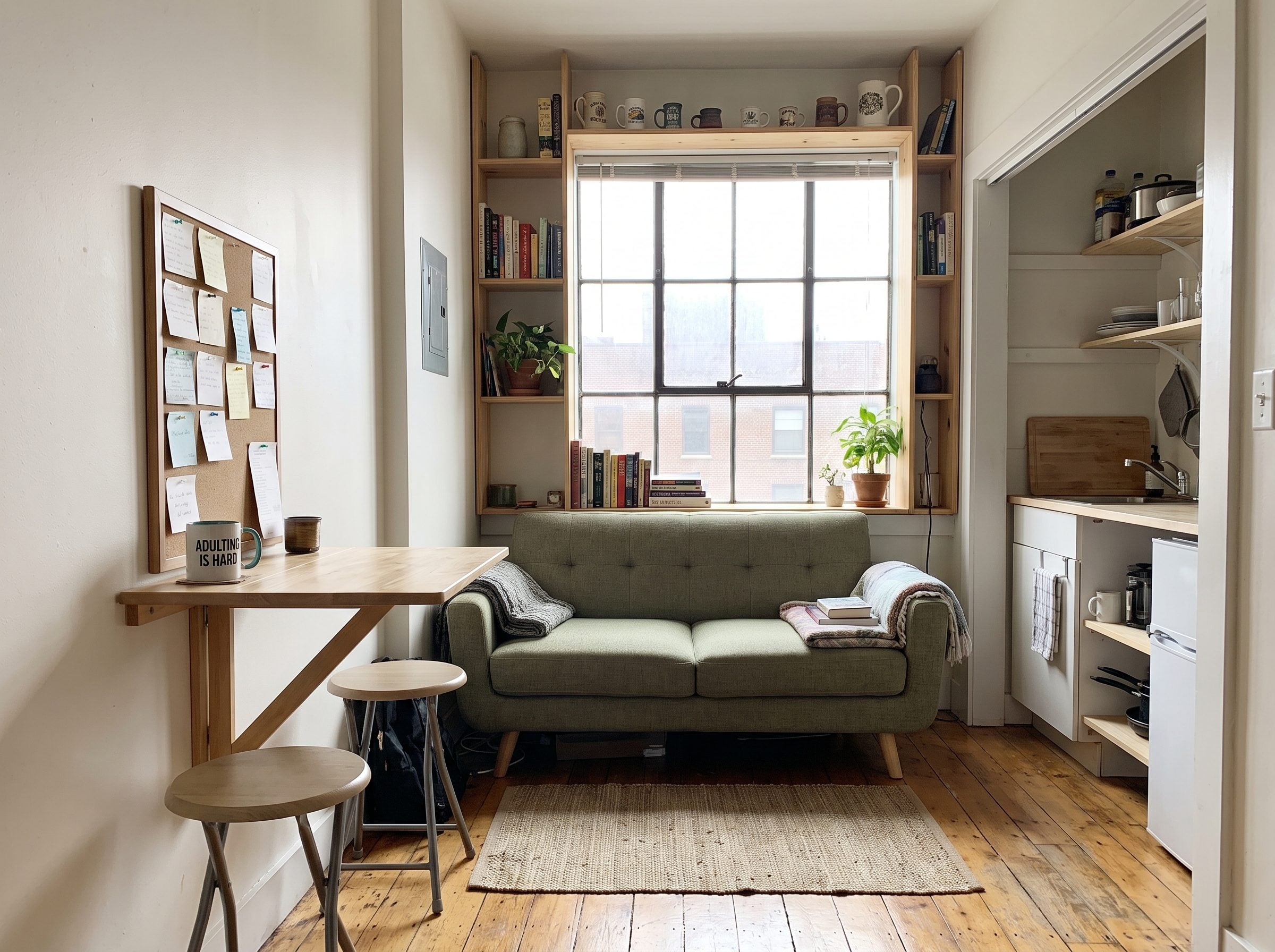 Small apartment living room with an 84-inch low-back sofa floated five inches under a double-hung window and a narrow