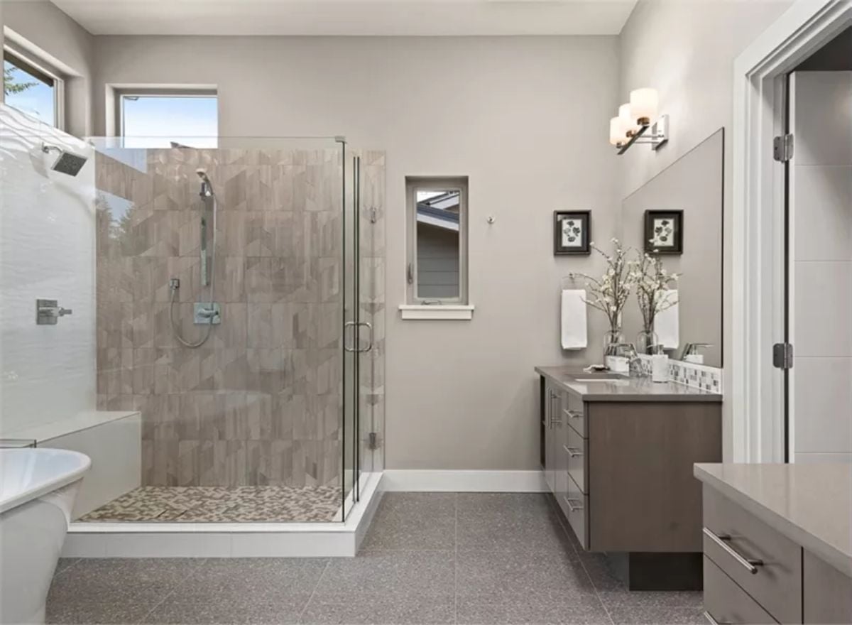 Frameless Glass Shower and Wood-Look Tile That Don't Try Too Hard