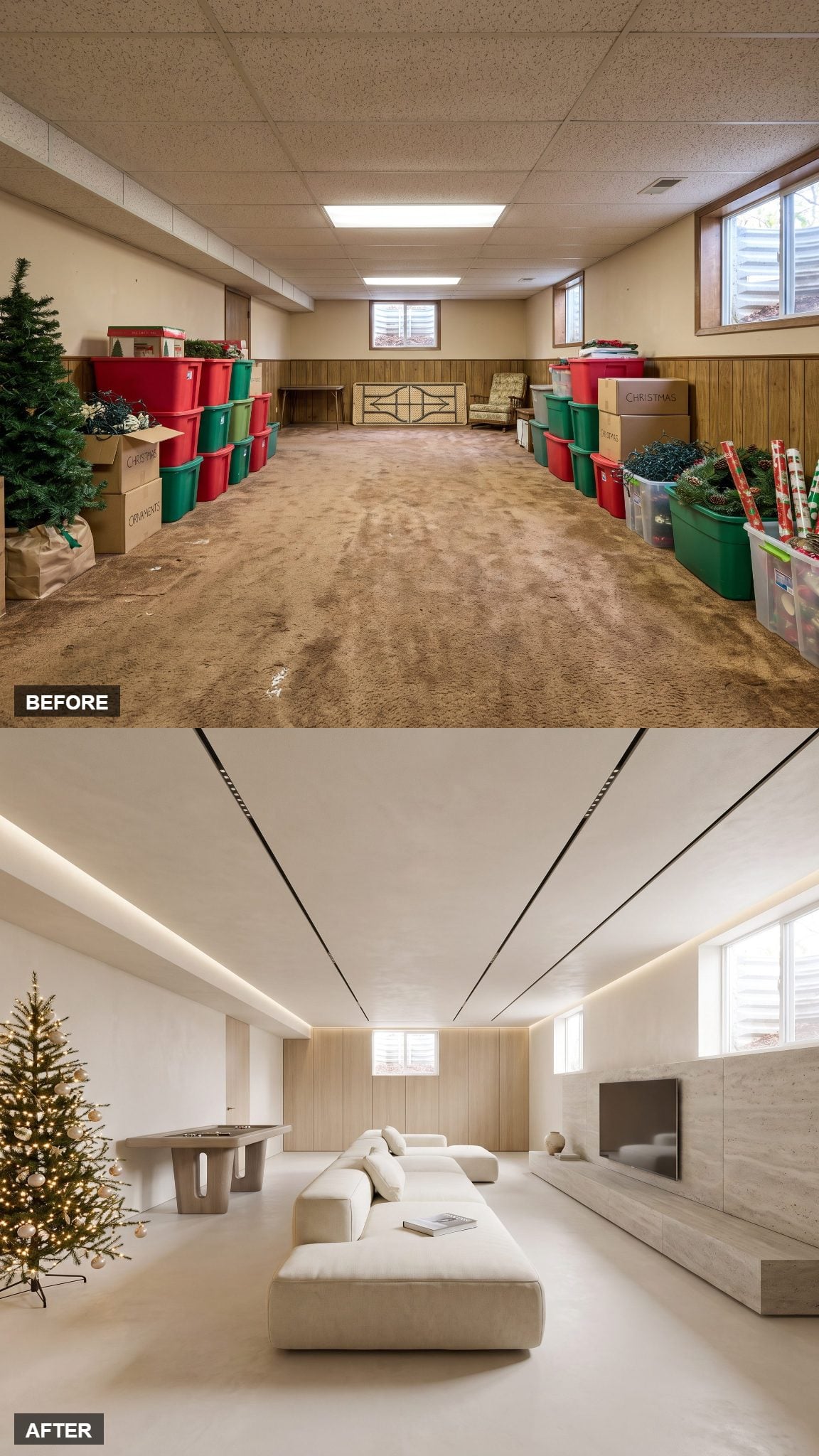 Architectural Minimalist Christmas Room in Microcement and White Oak