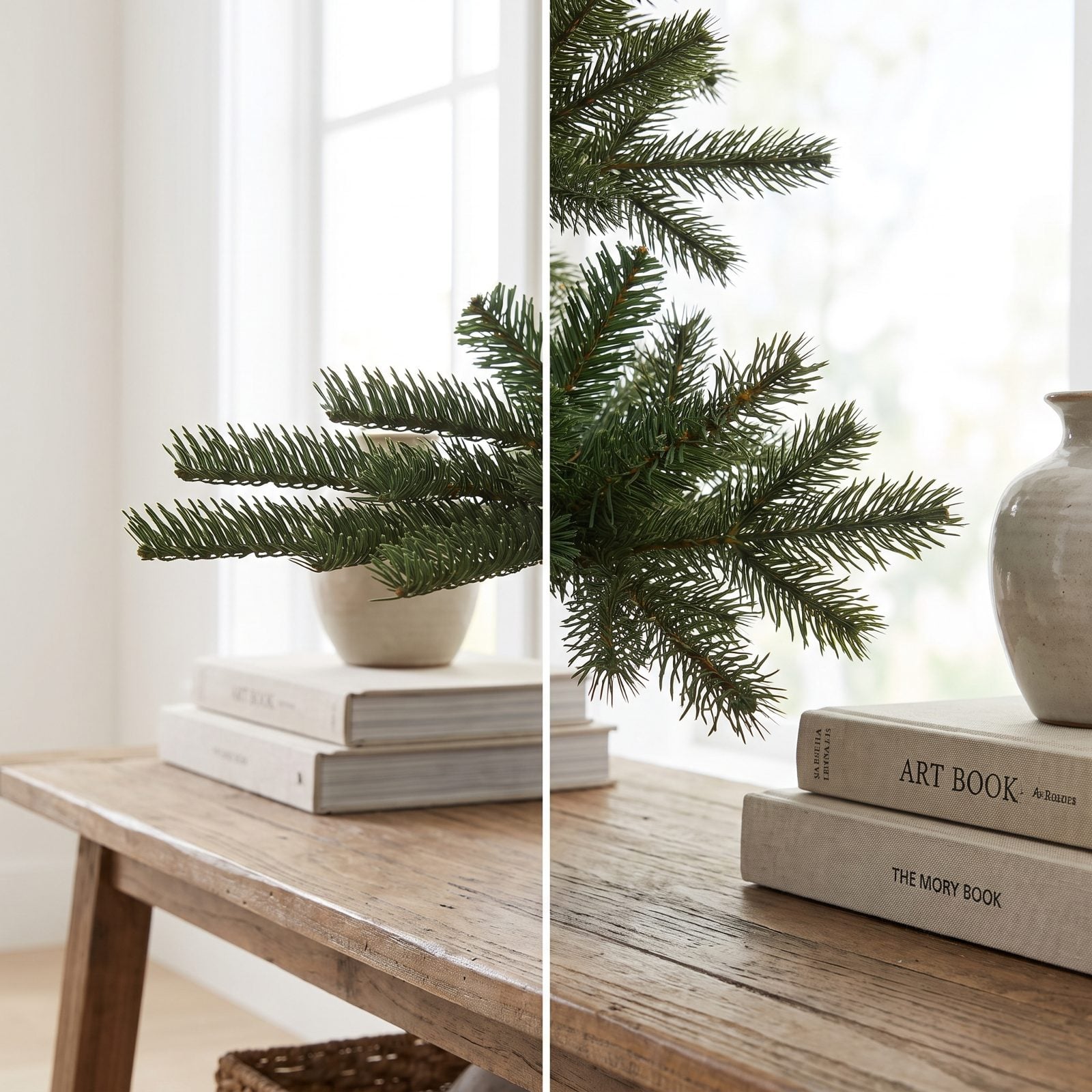 Close-up of artificial tree branches with every tip bent to the identical upward angle in a repeated pattern.
