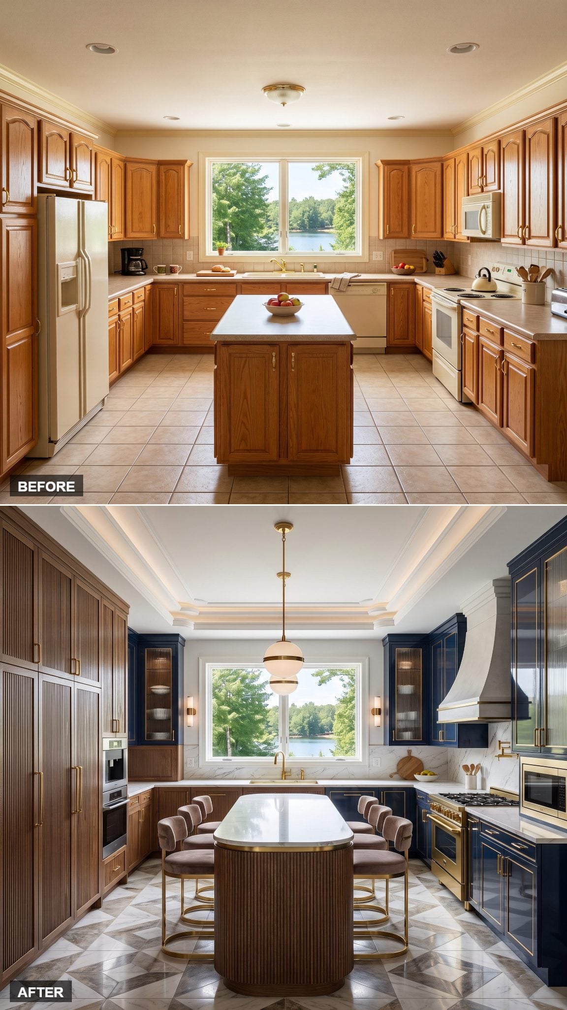 Art Deco kitchen design with fluted cabinetry, brass accents and geometric detailing